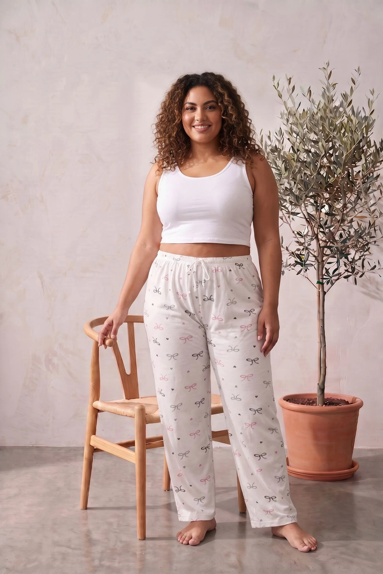 Büyük Beden Pamuklu Desenli Yüksek Bel Pijama Altı Pantolon, Beyaz, 5XL Büyük Beden Pamuklu Desenli Yüksek Bel Pijama Altı Pantolon, Beyaz, 5XL