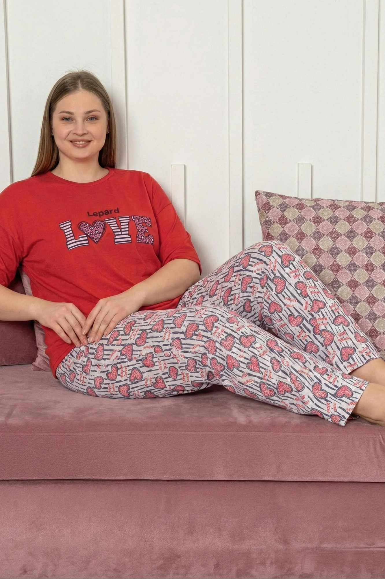 Büyük Beden Pamuklu Desenli Kısa Kollu Pijama Takımı, Kırmızı, XL