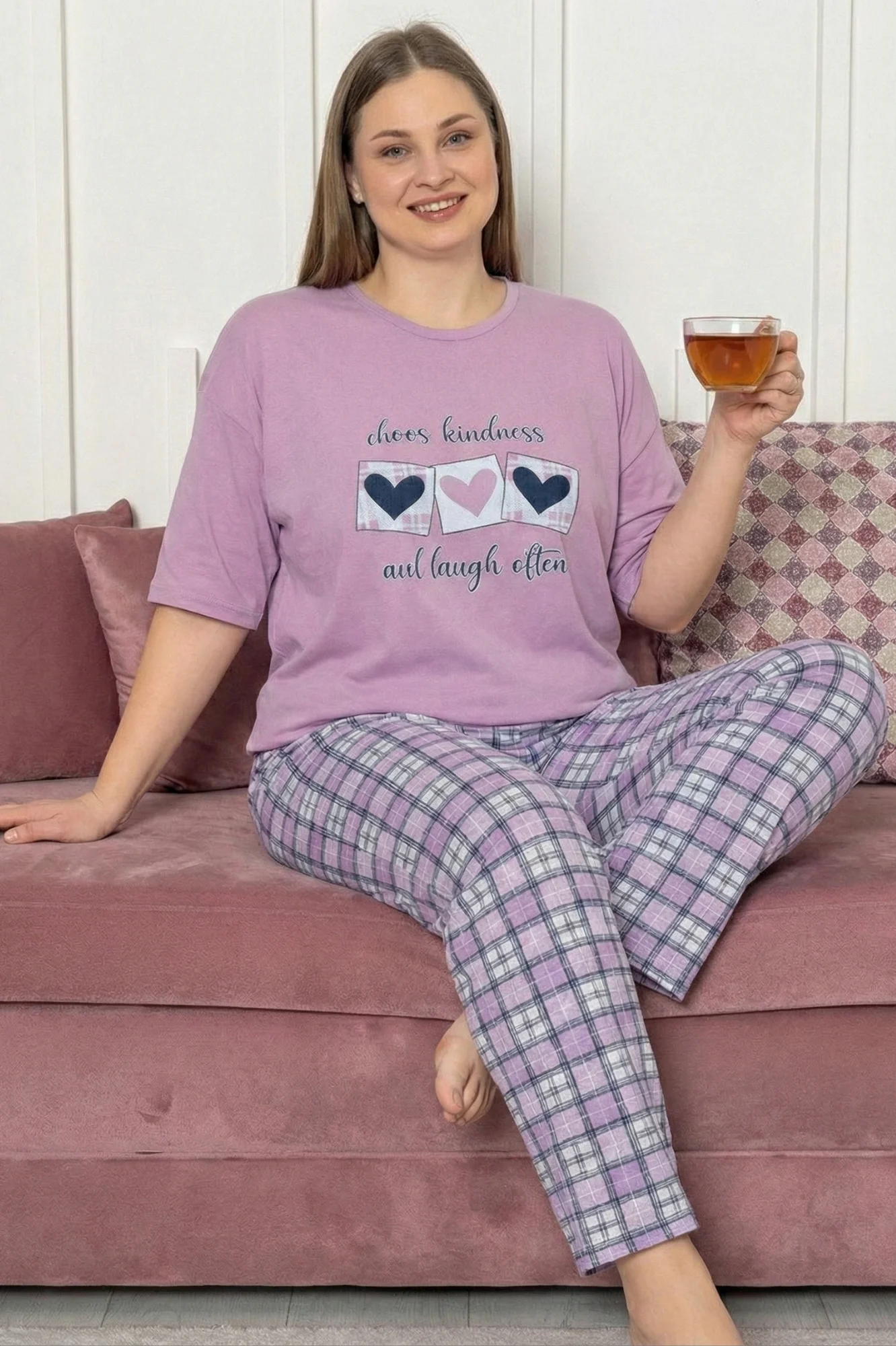 Büyük Beden Pamuklu Desenli Kısa Kollu Pijama Takımı, Lila, XL Büyük Beden Pamuklu Desenli Kısa Kollu Pijama Takımı, Lila, XL