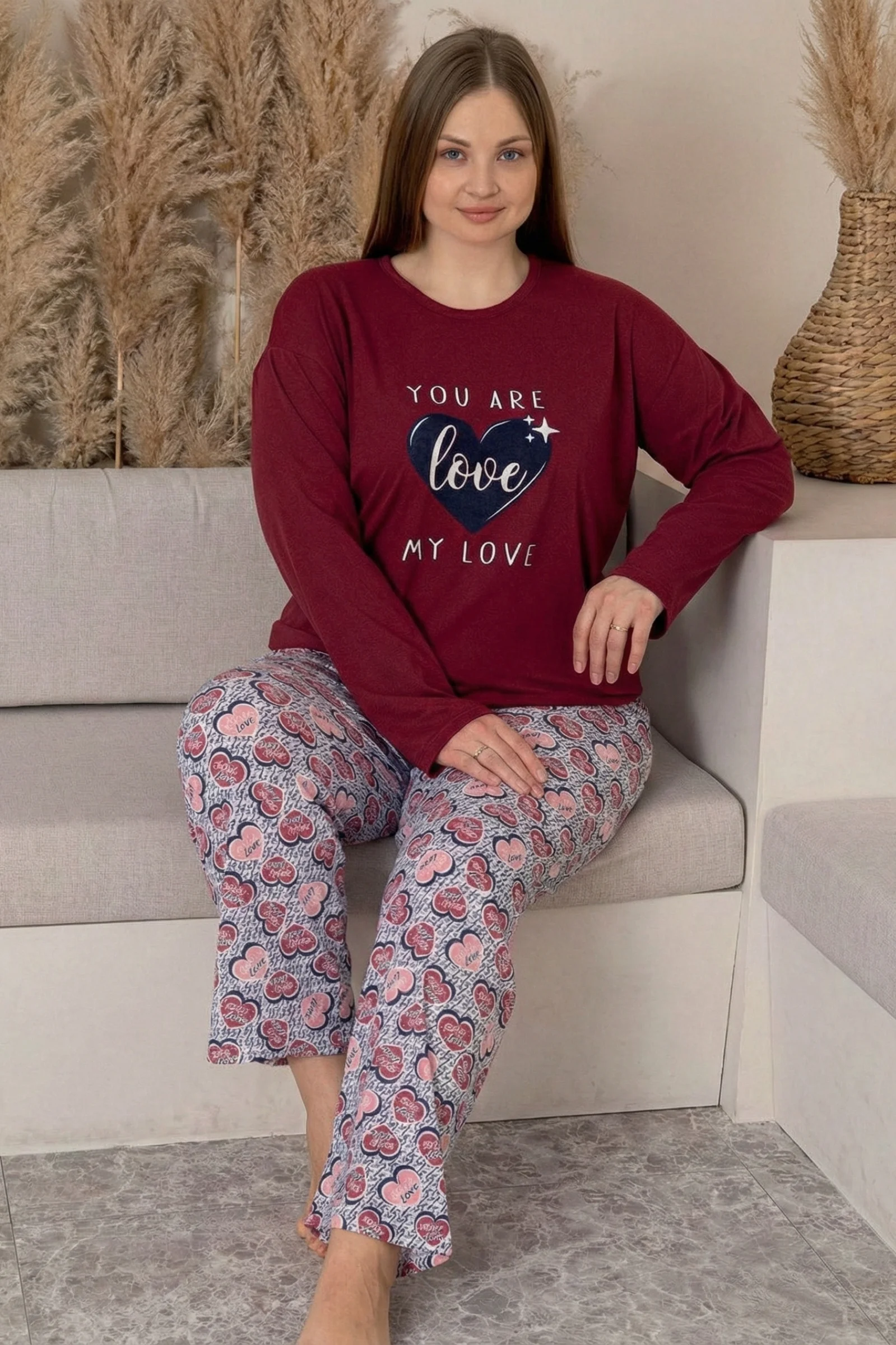 Büyük Beden Pamuklu Desenli Uzun Kollu Pijama Takımı, Bordo, XL Büyük Beden Pamuklu Desenli Uzun Kollu Pijama Takımı, Bordo, XL Fiyatı, Yorumları ve Özellikleri