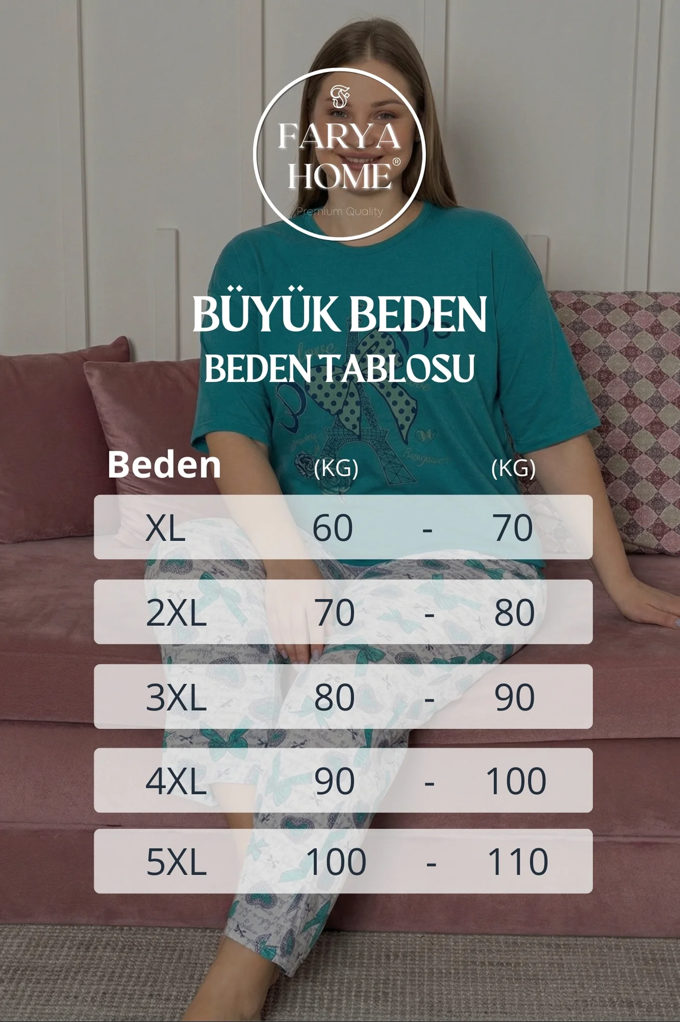 Büyük Beden Pamuklu Desenli Kısa Kollu Pijama Takımı, Petrol, XL