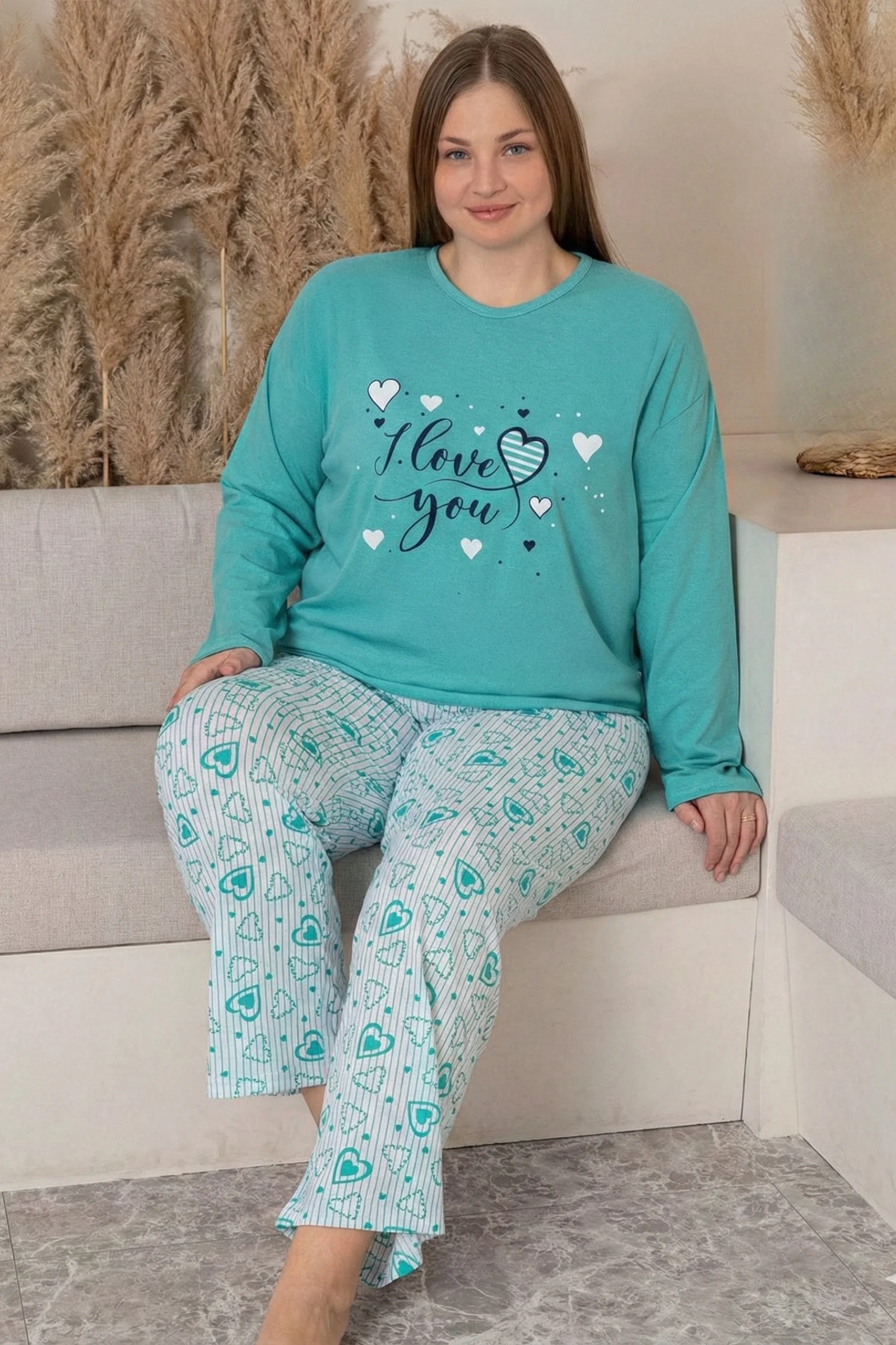 Büyük Beden Pamuklu Desenli Uzun Kollu Pijama Takımı, Mint, XL Büyük Beden Pamuklu Desenli Uzun Kollu Pijama Takımı, Mint, XL