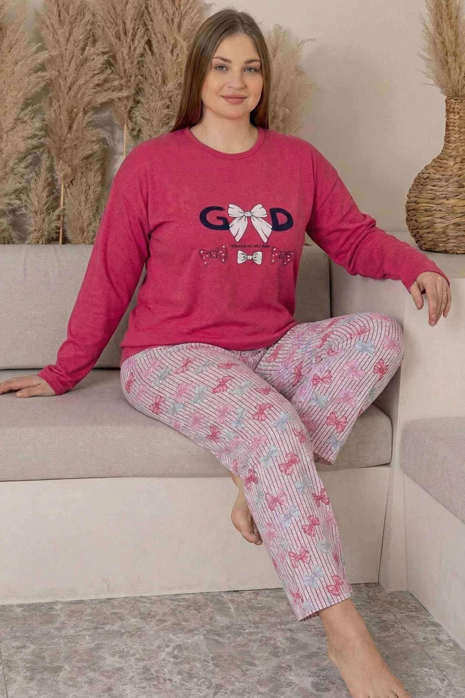 Büyük Beden Pamuklu Desenli Uzun Kollu Pijama Takımı, Fuşya, 5XL