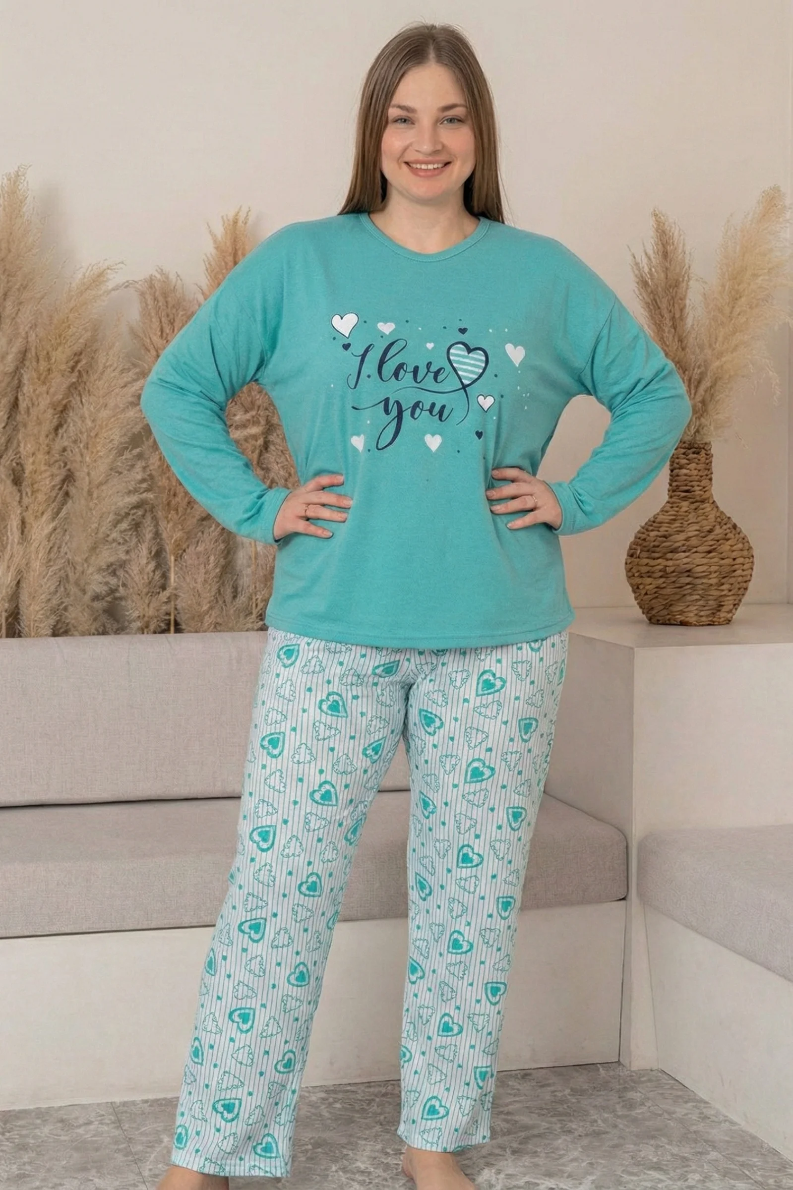 Büyük Beden Pamuklu Desenli Uzun Kollu Pijama Takımı, Mint, XL Büyük Beden Pamuklu Desenli Uzun Kollu Pijama Takımı, Mint, XL