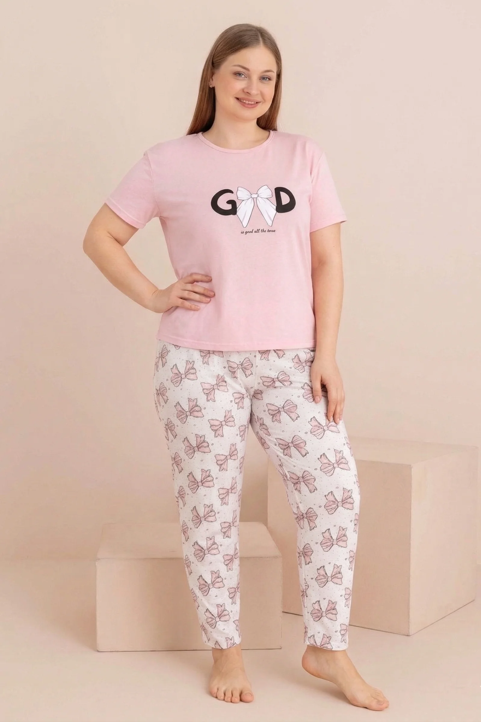 Büyük Beden Pamuklu Desenli Anne Kalıp Kısa Kollu Pijama Takımı, Somon, L