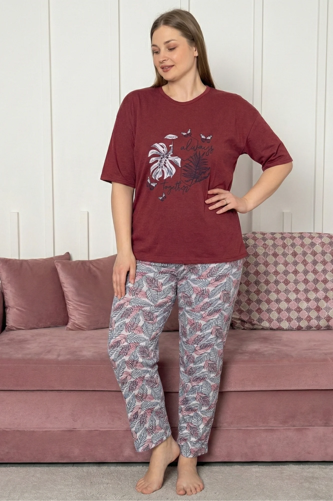 Büyük Beden Pamuklu Desenli Kısa Kollu Pijama Takımı, Bordo, XL Fiyatı, Yorumları ve Özellikleri
