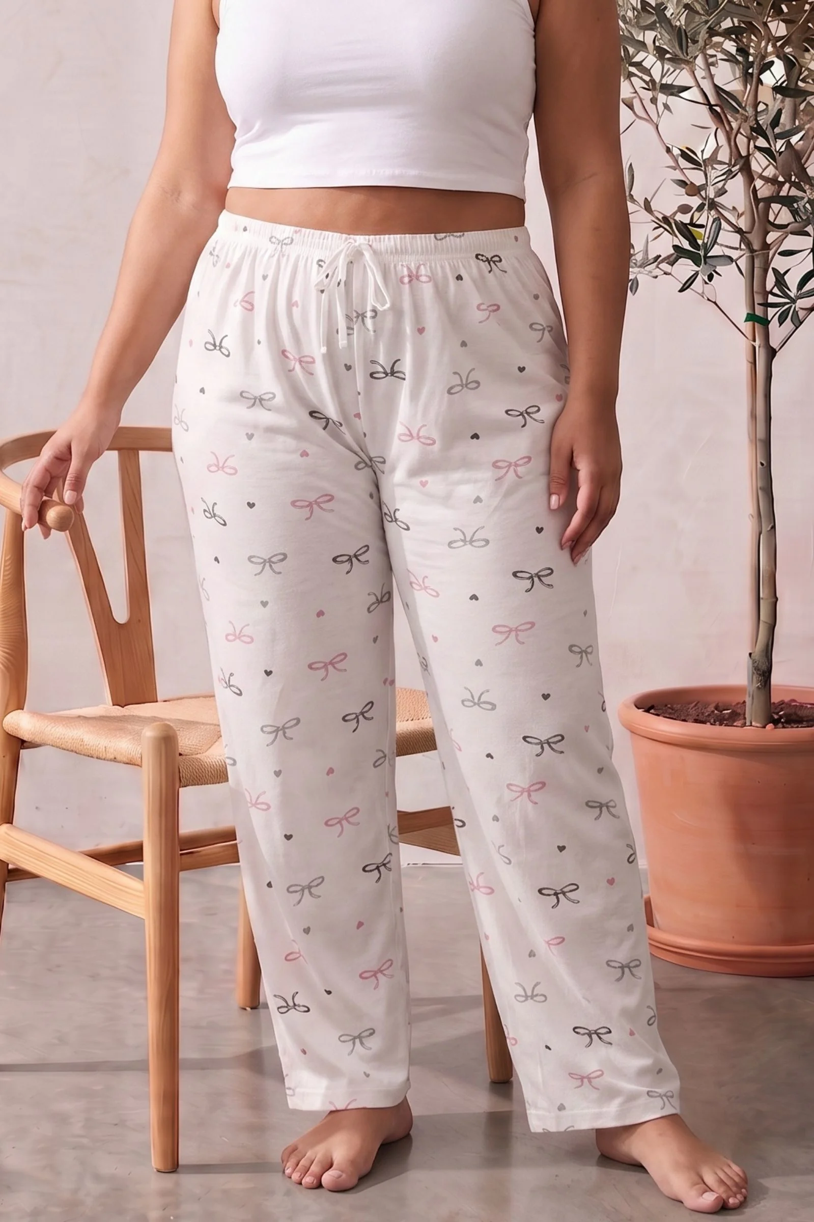 Büyük Beden Pamuklu Desenli Yüksek Bel Pijama Altı Pantolon, Beyaz, 5XL Büyük Beden Pamuklu Desenli Yüksek Bel Pijama Altı Pantolon, Beyaz, 5XL