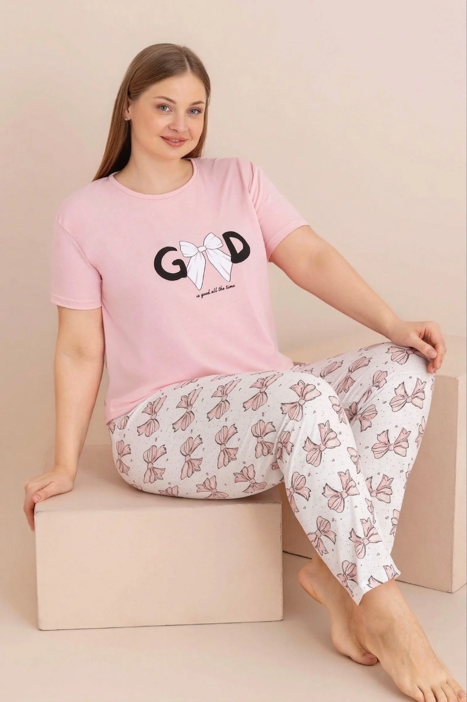 Büyük Beden Pamuklu Desenli Anne Kalıp Kısa Kollu Pijama Takımı, Somon, L