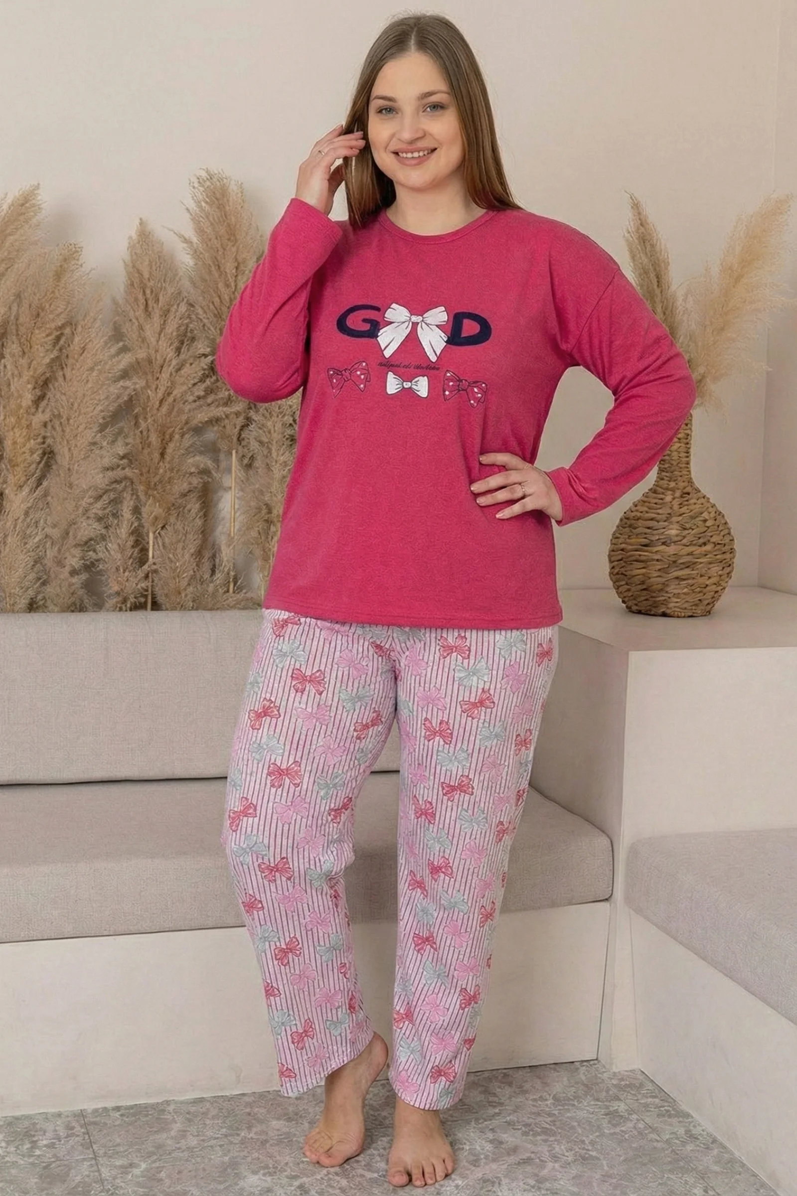Büyük Beden Pamuklu Desenli Uzun Kollu Pijama Takımı, Fuşya, 5XL