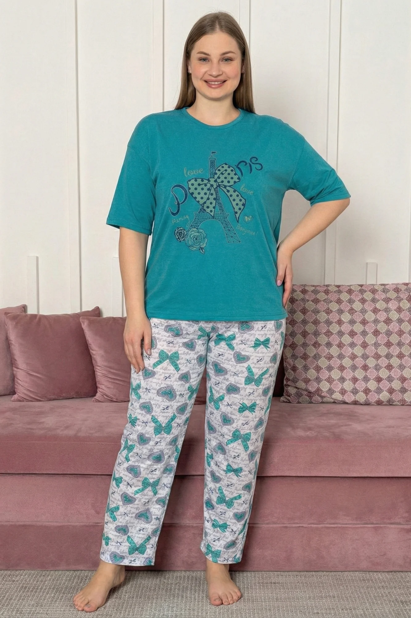 Büyük Beden Pamuklu Desenli Kısa Kollu Pijama Takımı, Petrol, XL