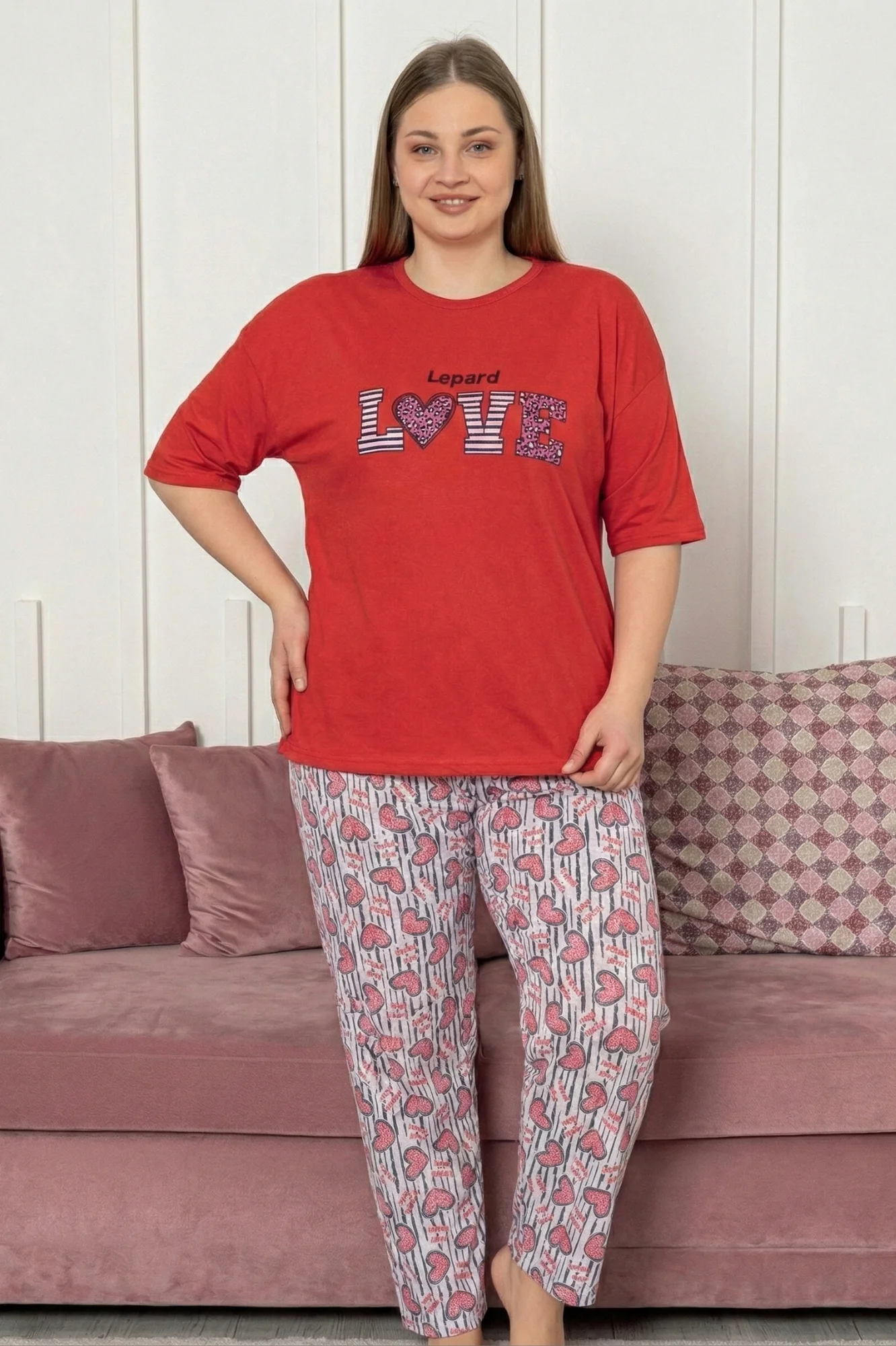 Büyük Beden Pamuklu Desenli Kısa Kollu Pijama Takımı, Kırmızı, 2XL Büyük Beden Pamuklu Desenli Kısa Kollu Pijama Takımı, Kırmızı, 2XL