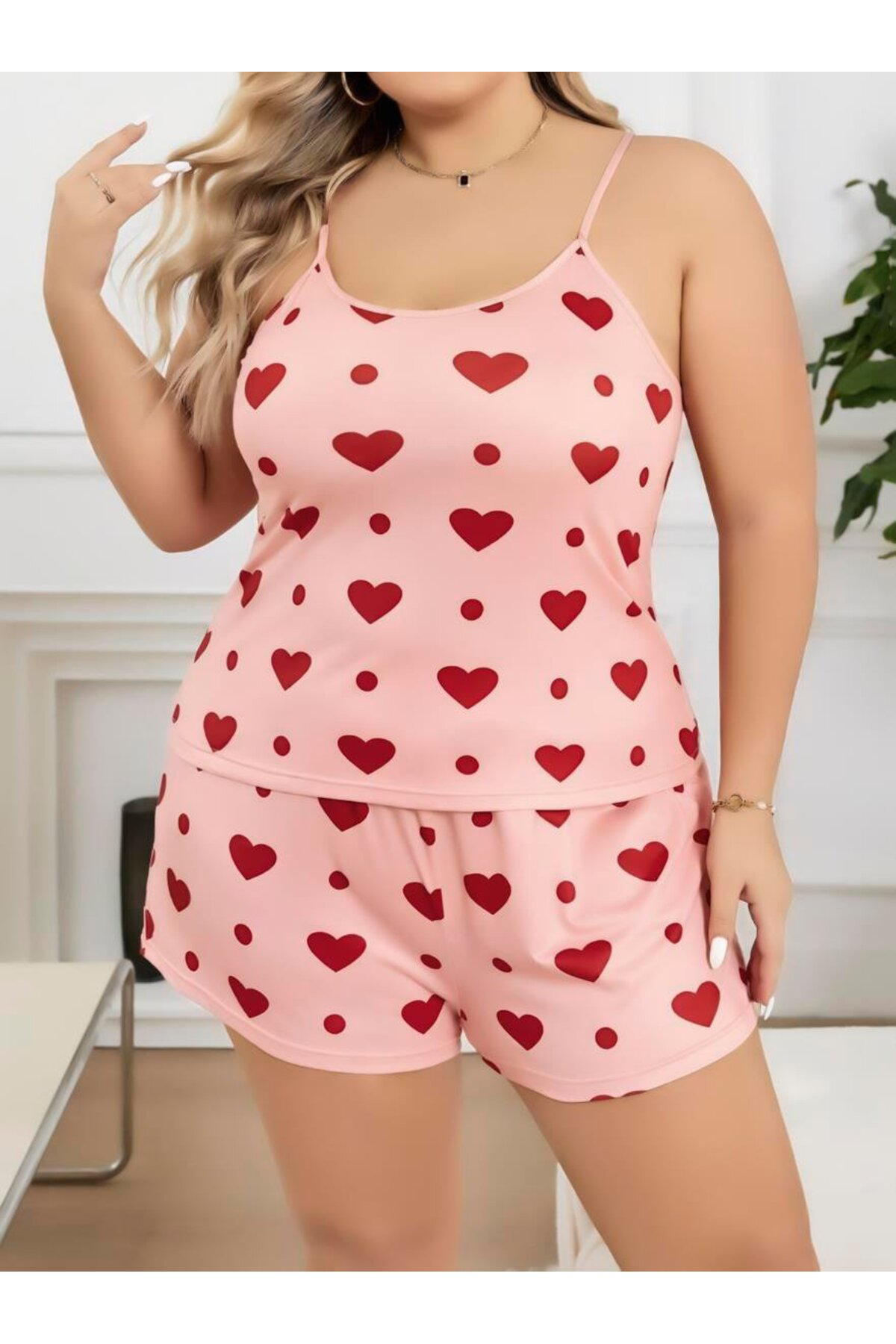 Aria's Closet Büyük Beden Pembe Kalp Desen Pamuklu Şortlu Pijama Takimi