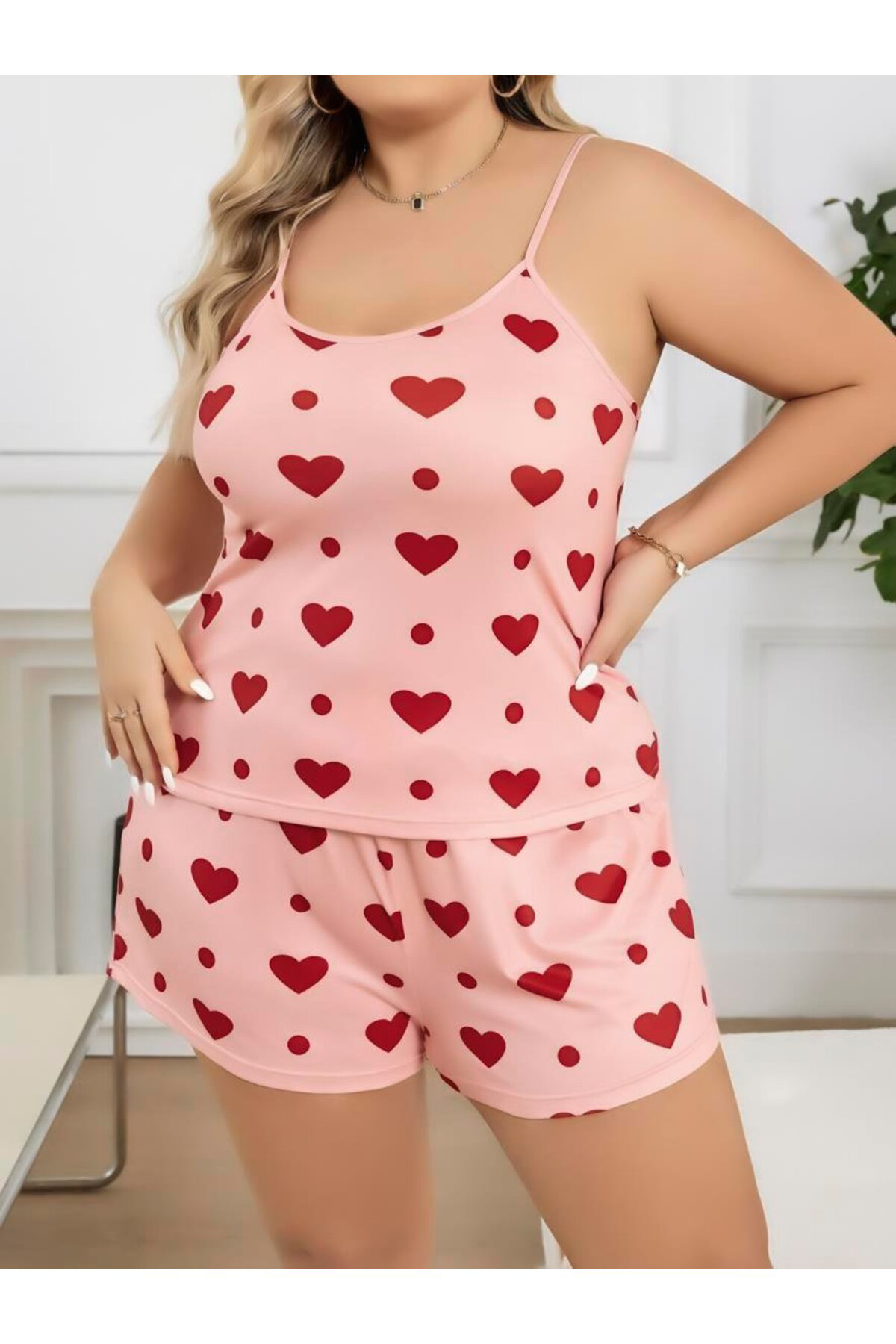 Aria's Closet Büyük Beden Pembe Kalp Desen Pamuklu Şortlu Pijama Takimi