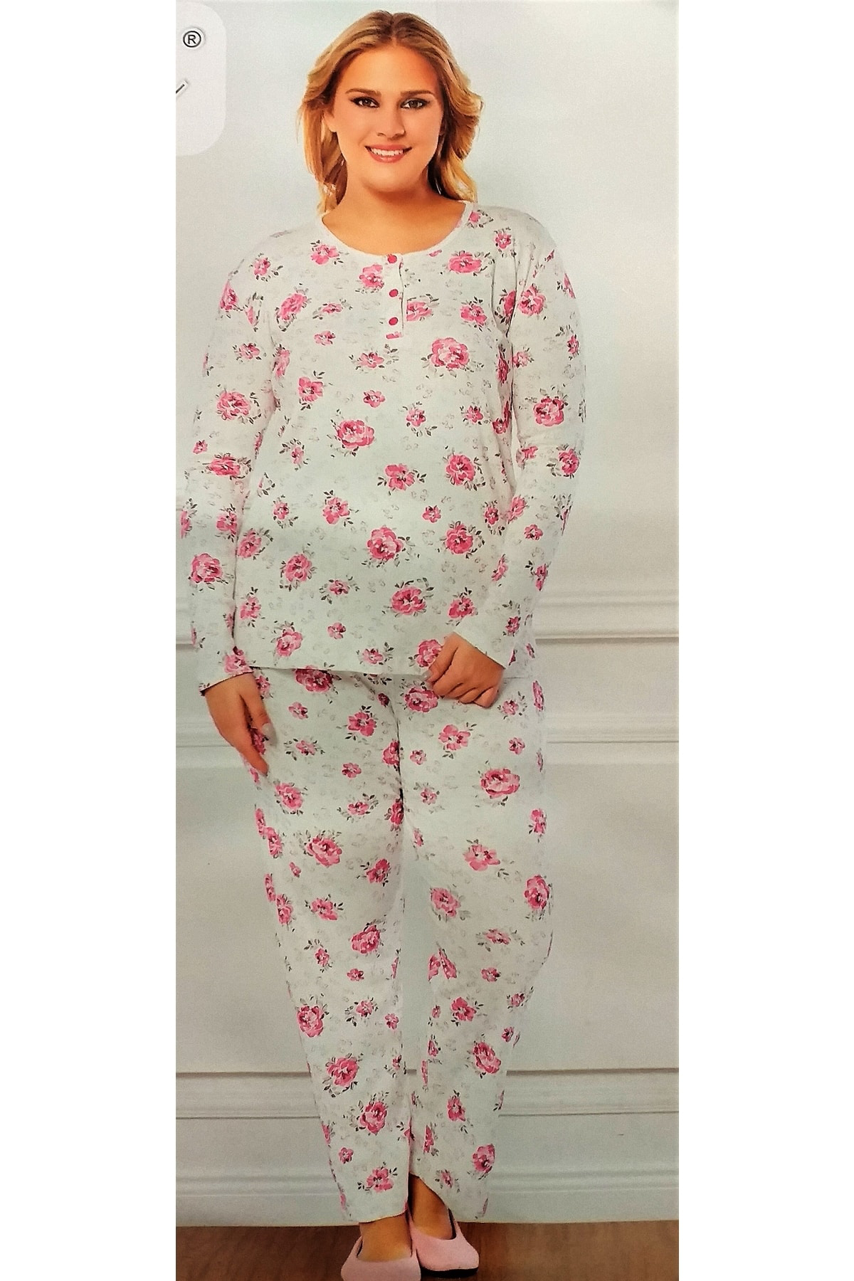 Alperi Büyük Beden Pijama Takımı Gül Desenli