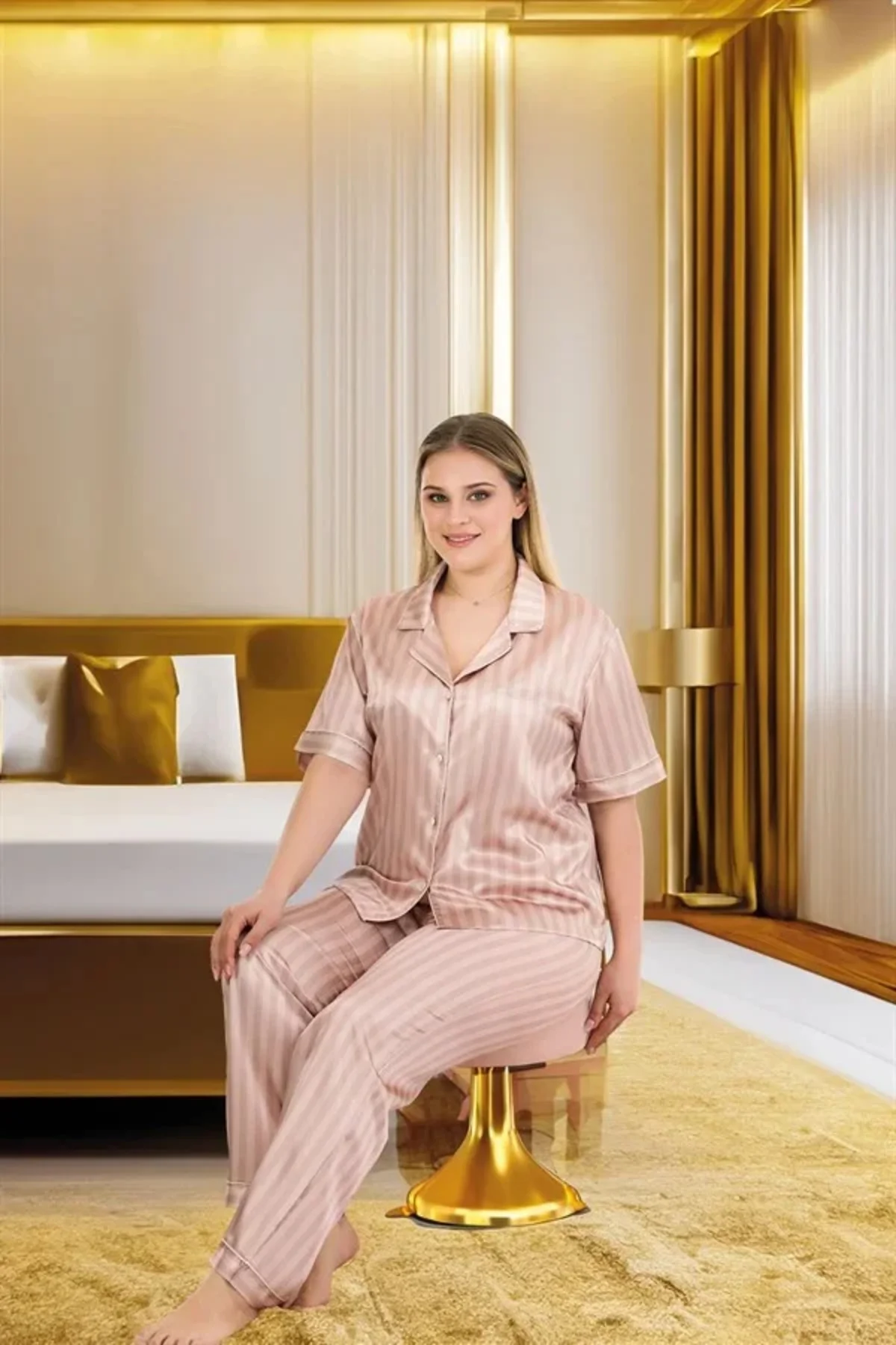 Büyük Beden Şık Tasarım Vizon Çizgili Düğmeli Kısa Kol Lüx Saten Pijama Takımı Fiyatı, Yorumları ve Özellikleri