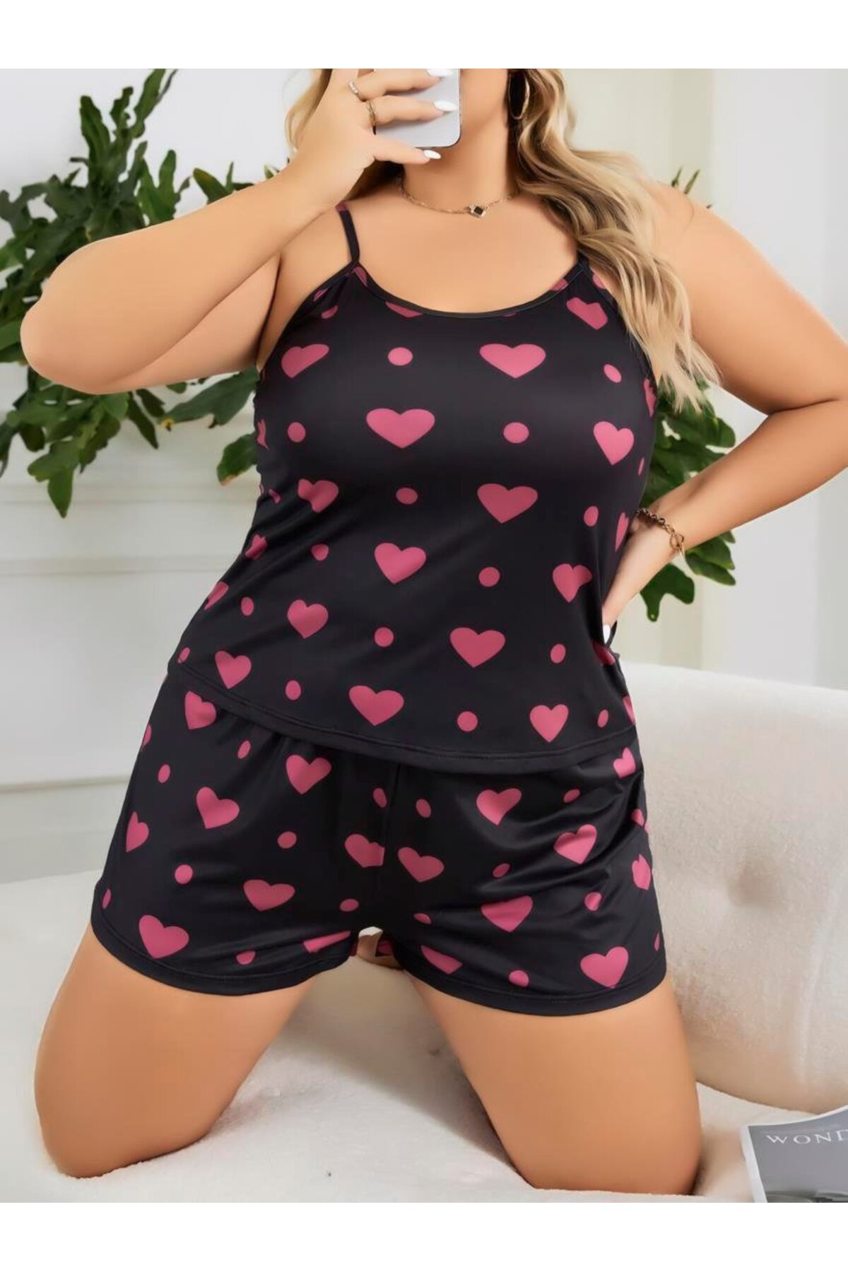 Aria's Closet Büyük Beden Siyah Kalp Desen İnce Askili Pamuklu Şortlu Pijama Ta