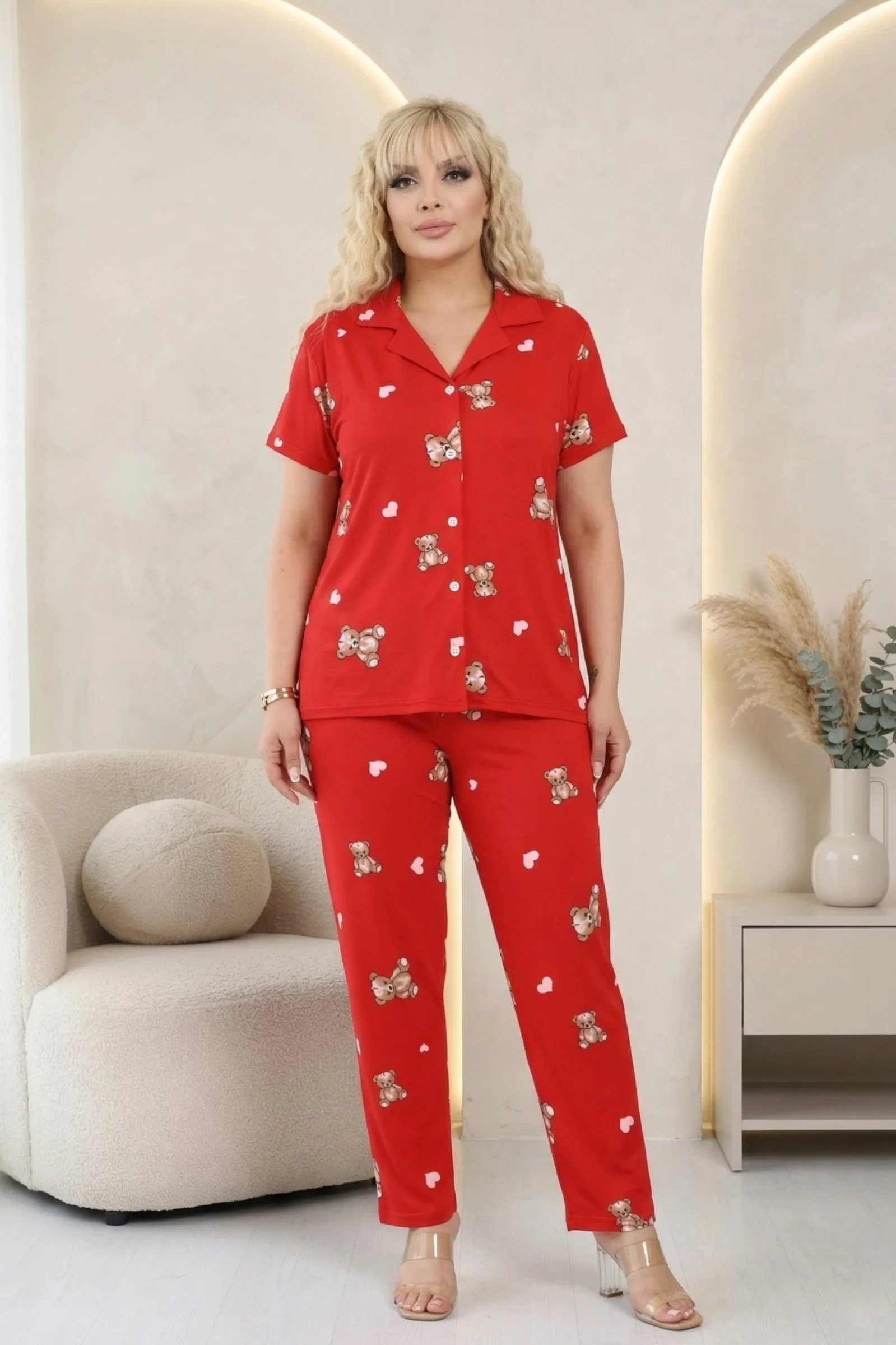 Büyük Beden Soft Bambu Likralı Düğmeli Kısa Kollu Gömlek Pijama Takımı, Kırmızı, 5XL Fiyatı, Yorumları ve Özellikleri