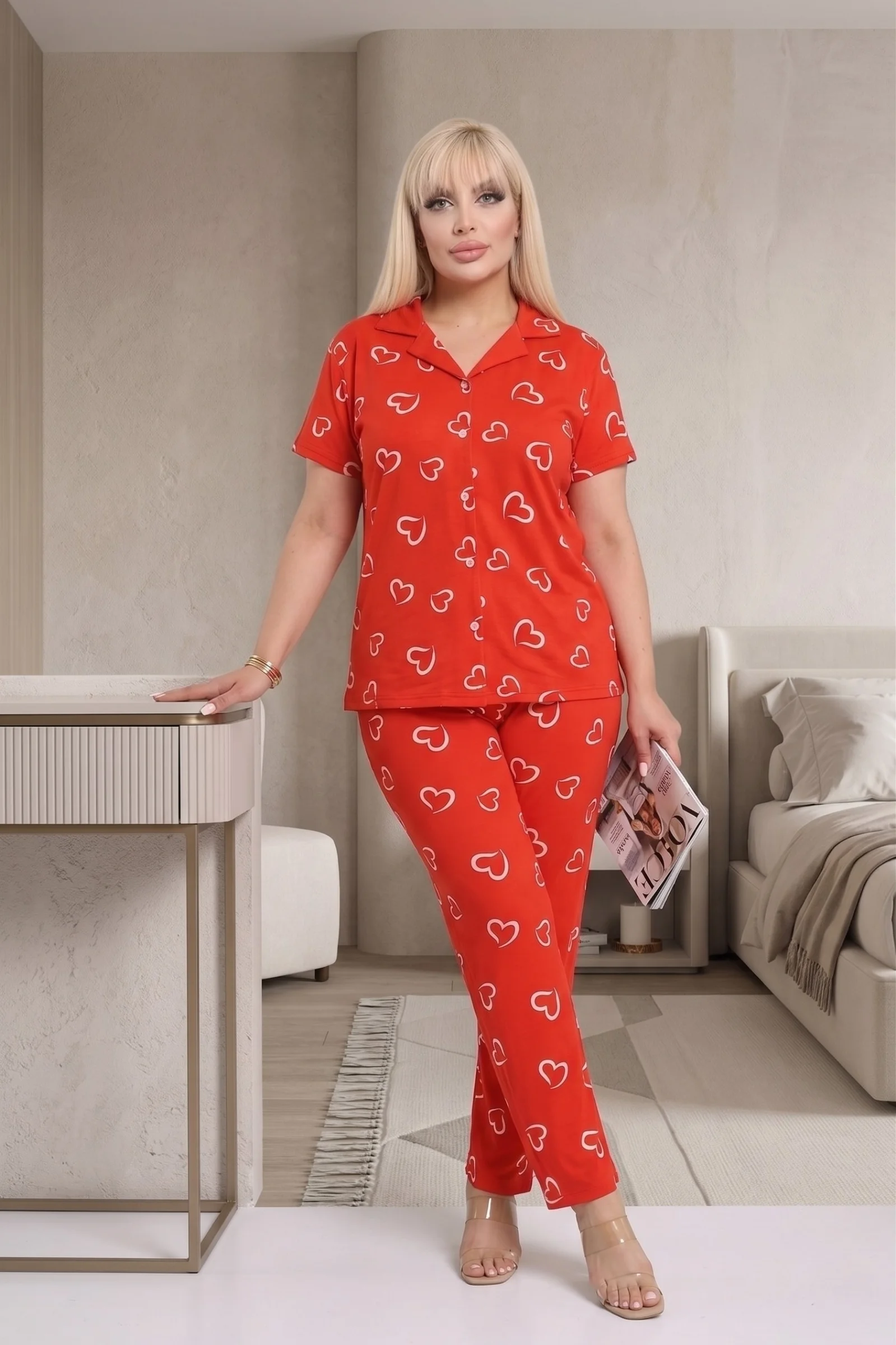 Büyük Beden Soft Bambu Likralı Düğmeli Kısa Kollu Gömlek Pijama Takımı, Kırmızı - Beyaz, 2XL Fiyatı, Yorumları ve Özellikleri