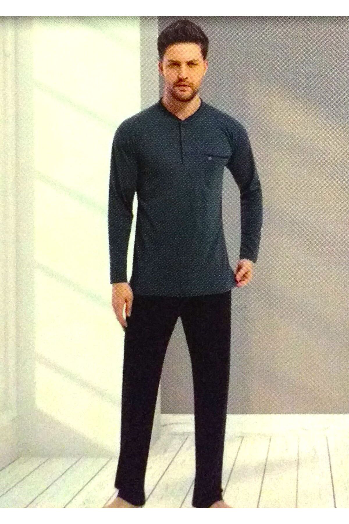 Büyük Beden Uzun Kol Pamuklu Penye Erkek Pijama Takımı