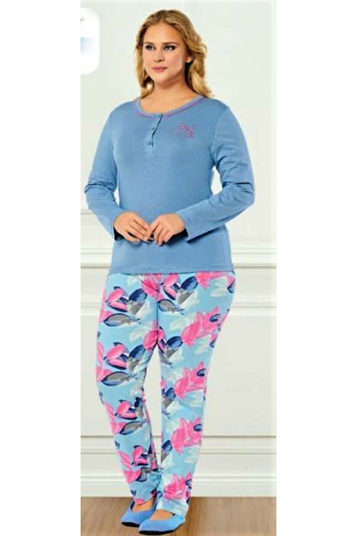 Alperi Büyük Beden Uzun Kol Likralı Kadın Pijama Takımı Mavi
