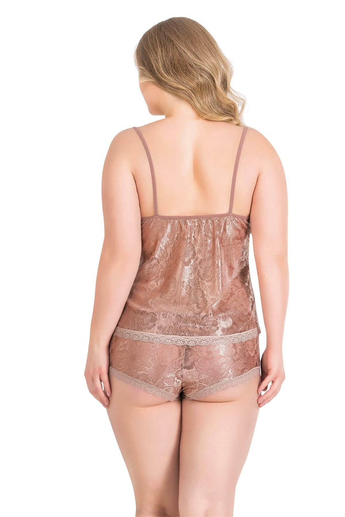 Aria's Closet Büyük Beden Vizon Jakarlı Babydoll Şort Takımı