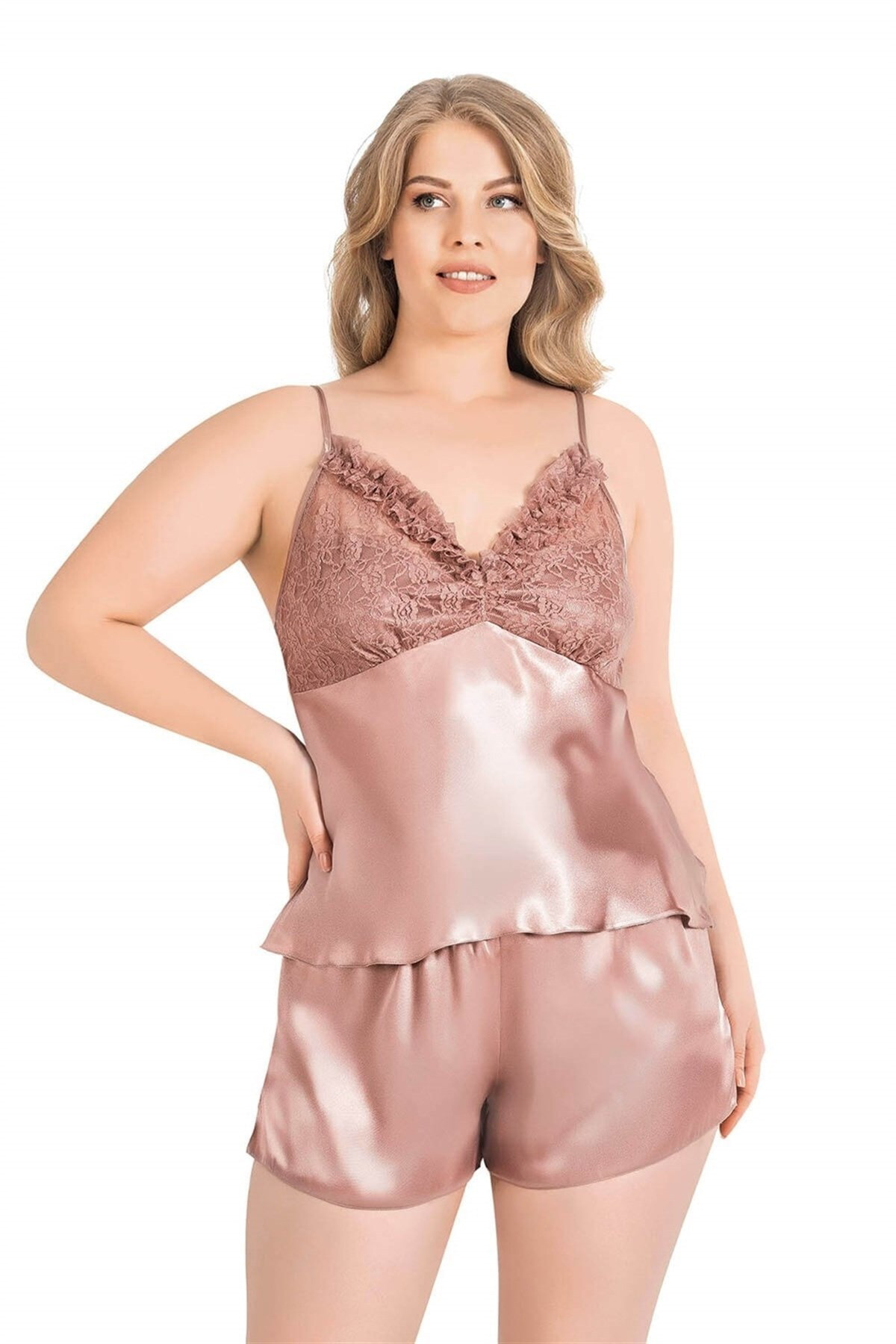 Aria's Closet Büyük Beden Vizon Saten Babydoll Şort Takimi