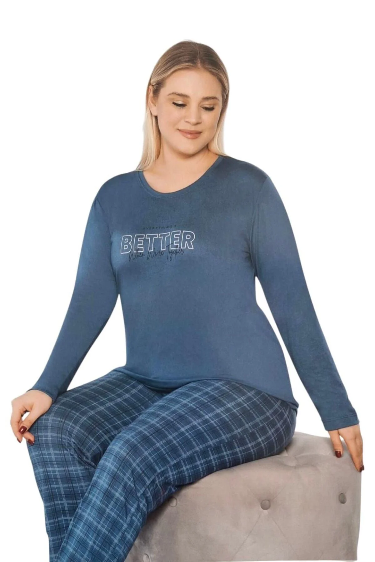 Büyük Beden Yazlık Uzun Kol Pijama Takımı