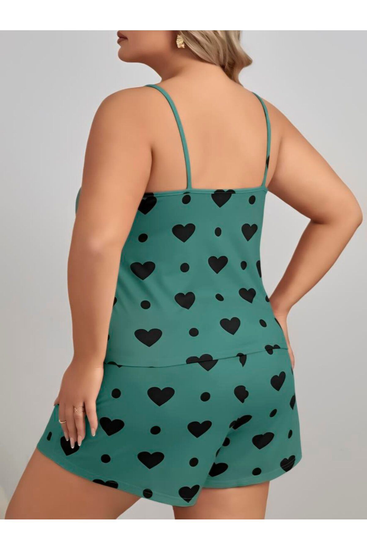Aria's Closet Büyük Beden Yeşil Kalp Desen Pamuklu Şortlu Pijama Takimi