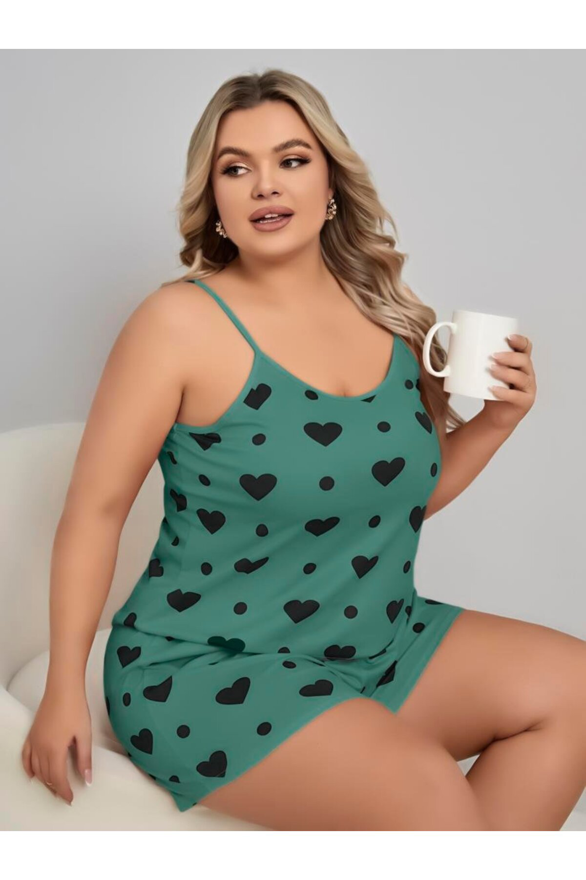 Aria's Closet Büyük Beden Yeşil Kalp Desen Pamuklu Şortlu Pijama Takimi