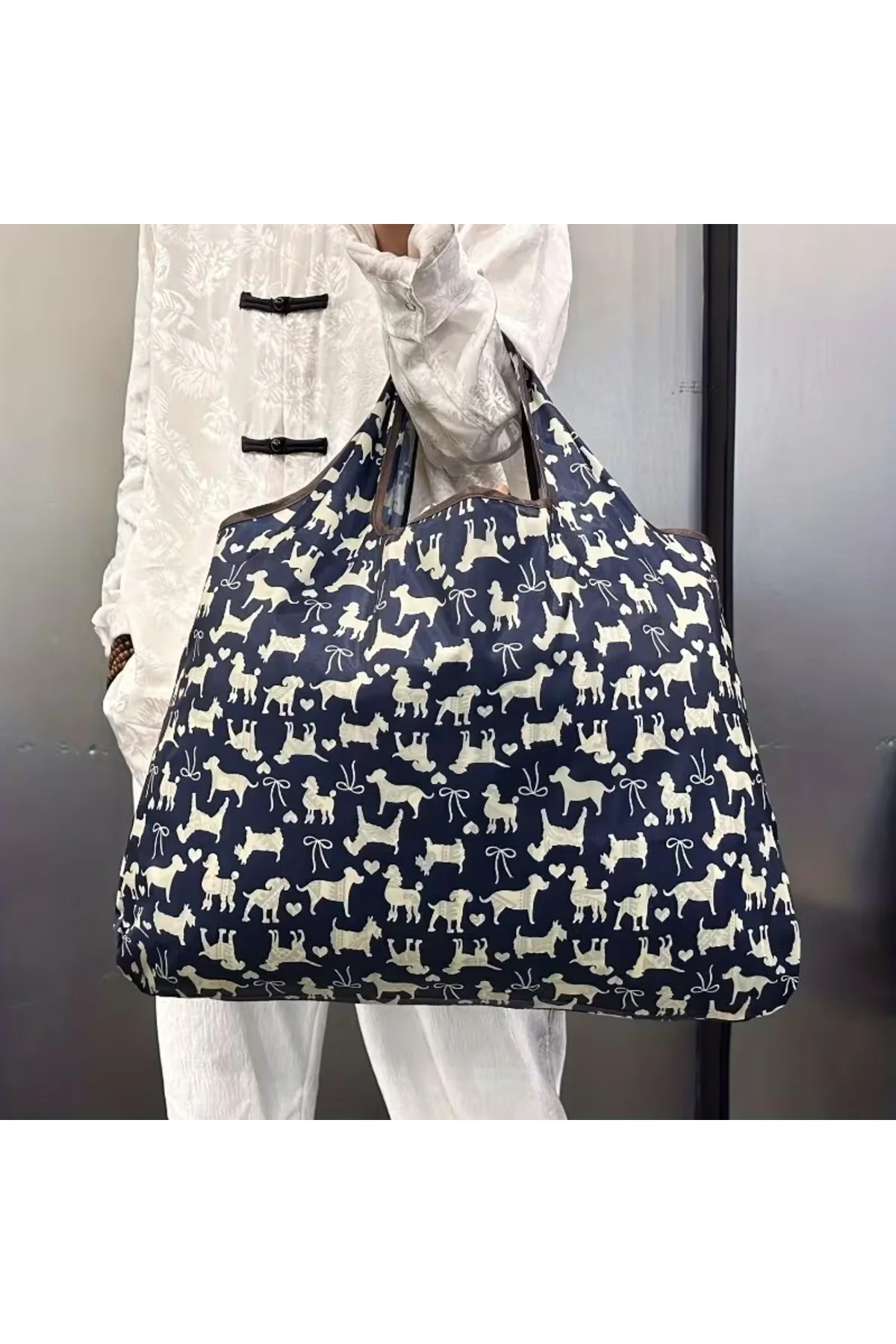 Büyük Boy Alışveriş ve Pazar Çantası, Dayanıklı Polyester Omuz Tote Çanta köpek baskılı - Görsel 4