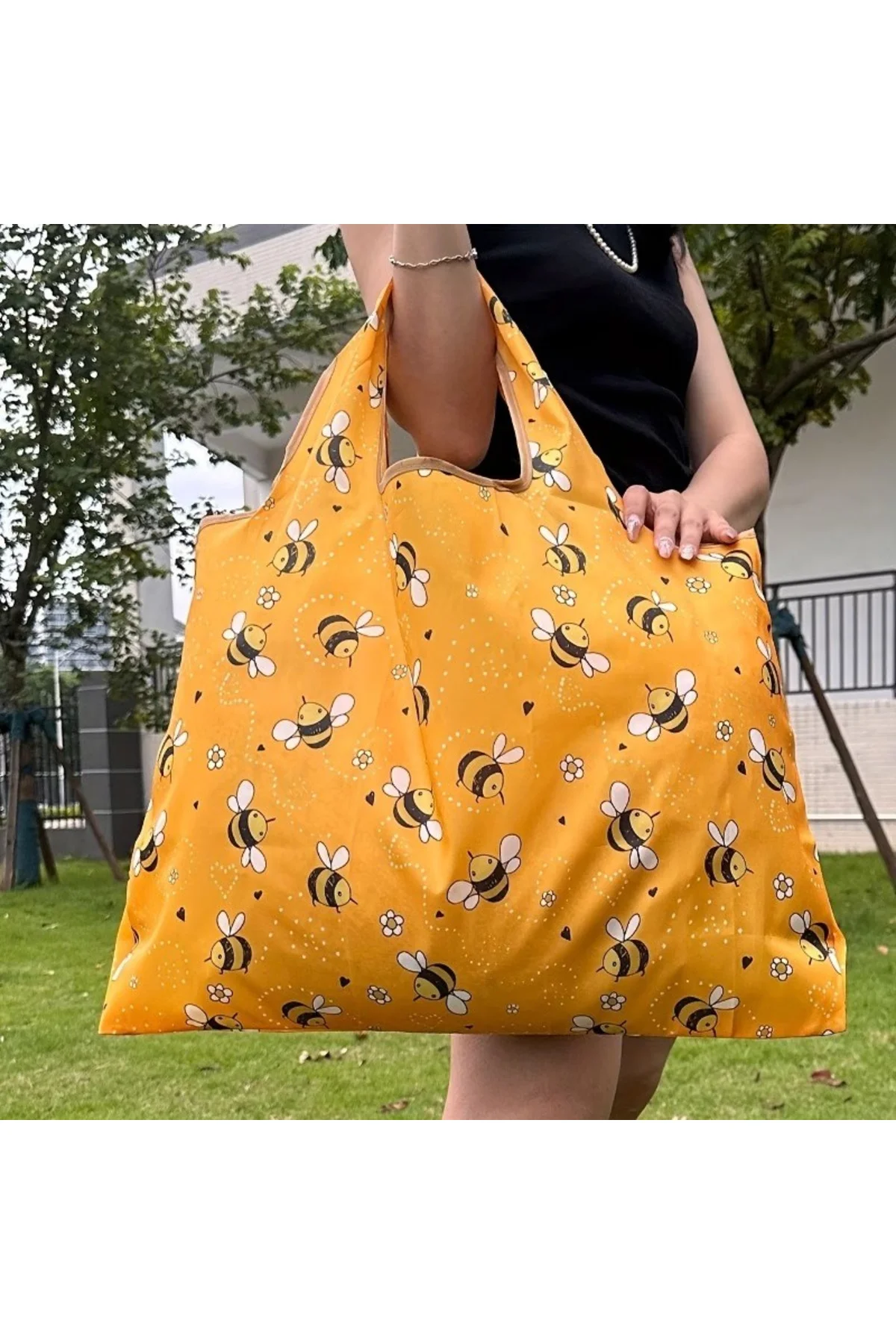 Büyük Boy Alışveriş ve Pazar Çantası, Dayanıklı Polyester Omuz Tote Çanta arı baskılı - Görsel 2