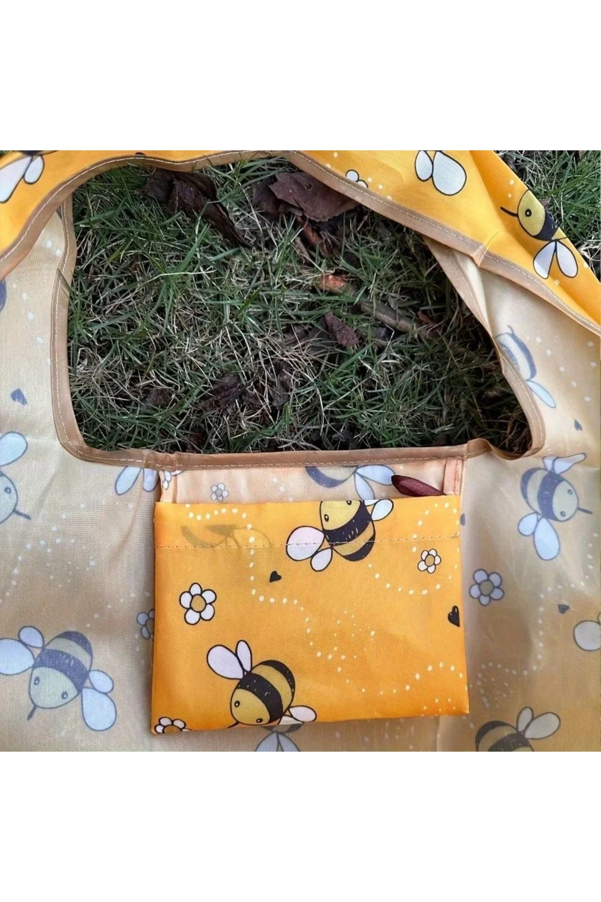 Büyük Boy Alışveriş ve Pazar Çantası, Dayanıklı Polyester Omuz Tote Çanta arı baskılı - Görsel 3