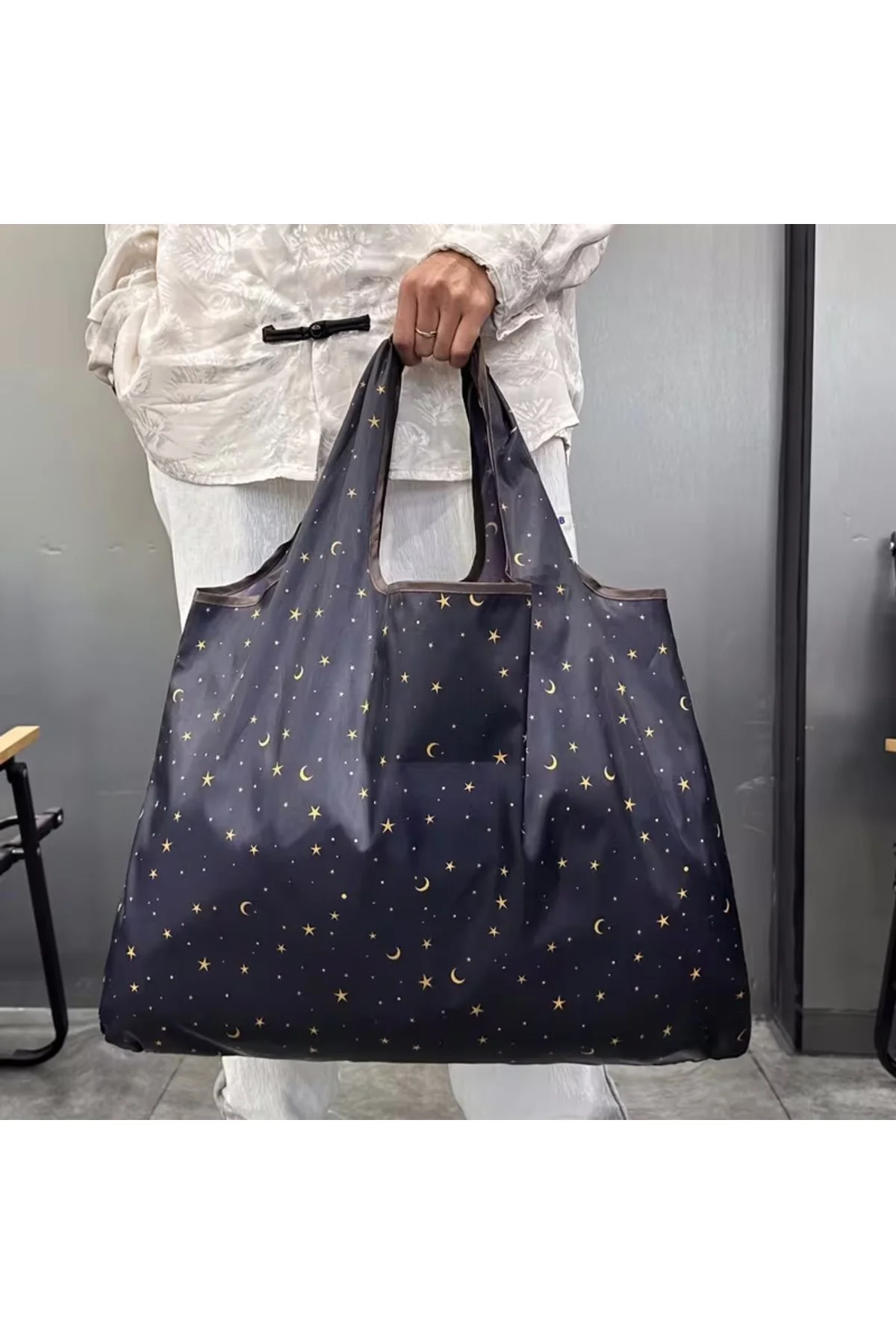 Büyük Boy Alışveriş ve Pazar Çantası, Dayanıklı Polyester Omuz Tote Çanta ay desenli - Görsel 5