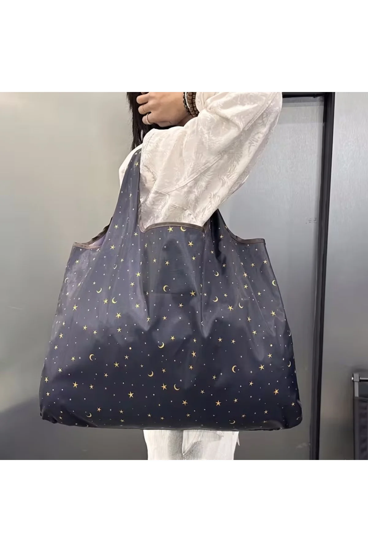 Büyük Boy Alışveriş ve Pazar Çantası, Dayanıklı Polyester Omuz Tote Çanta ay desenli - Görsel 3