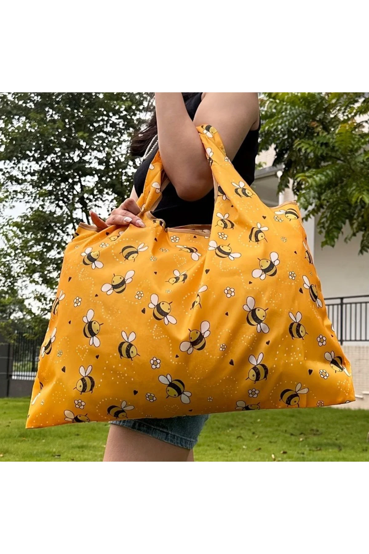 Büyük Boy Alışveriş ve Pazar Çantası, Dayanıklı Polyester Omuz Tote Çanta arı baskılı - Görsel 5
