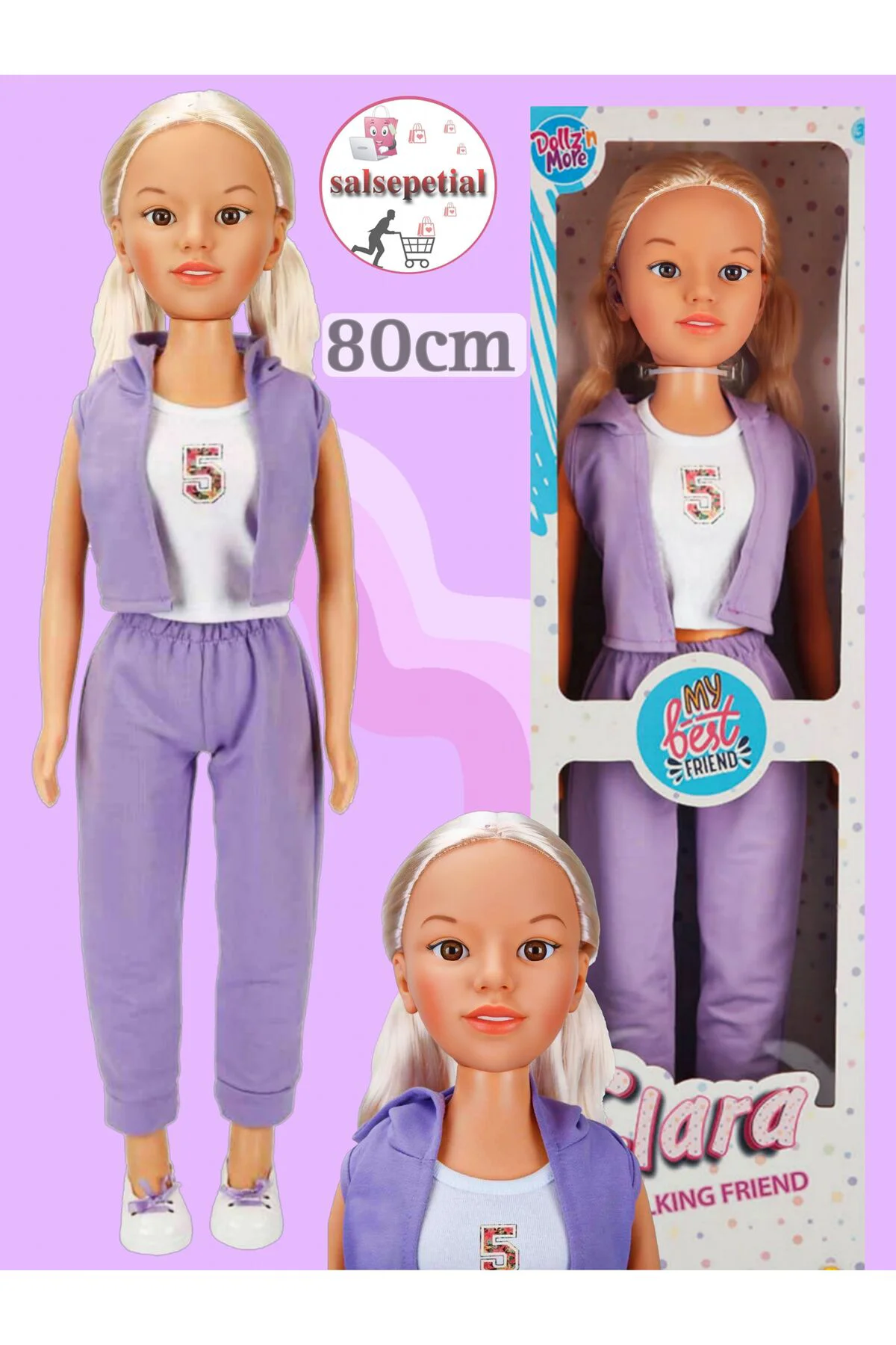 Büyük Boy Et Bebek 80cm Yürüyüş Arkadaşım Clara Sporty 80 cm Mor Eşofman Takımlı