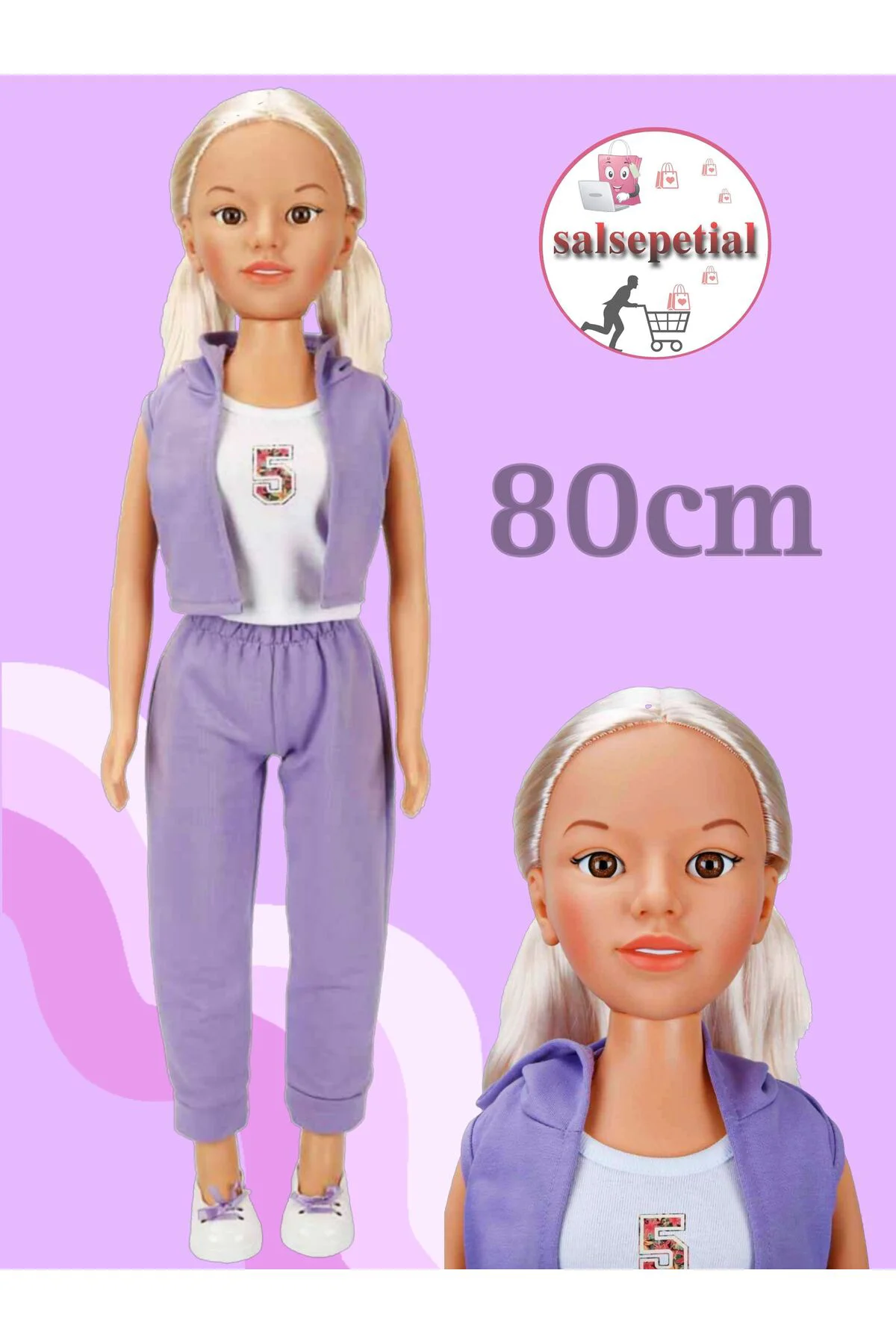 Büyük Boy Et Bebek 80cm Yürüyüş Arkadaşım Clara Sporty 80 cm Mor Eşofman Takımlı