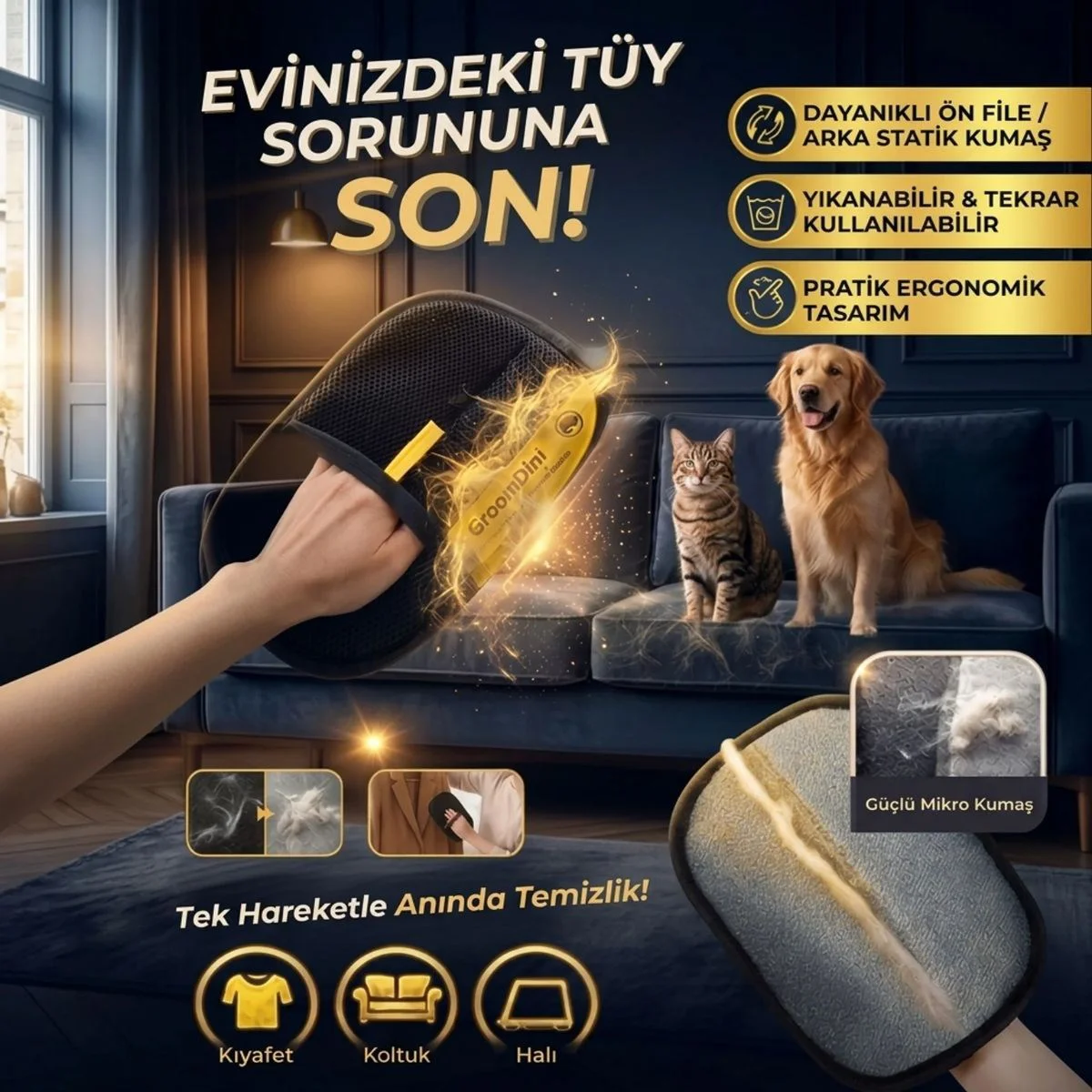 Büyük Boy Evcil Hayvan Tüy Alma Eldiveni, Geliştirilmiş Elektrostatik Tüy Toplayıcı Kedi Köpek Bakım ve Temizlik Eldiveni