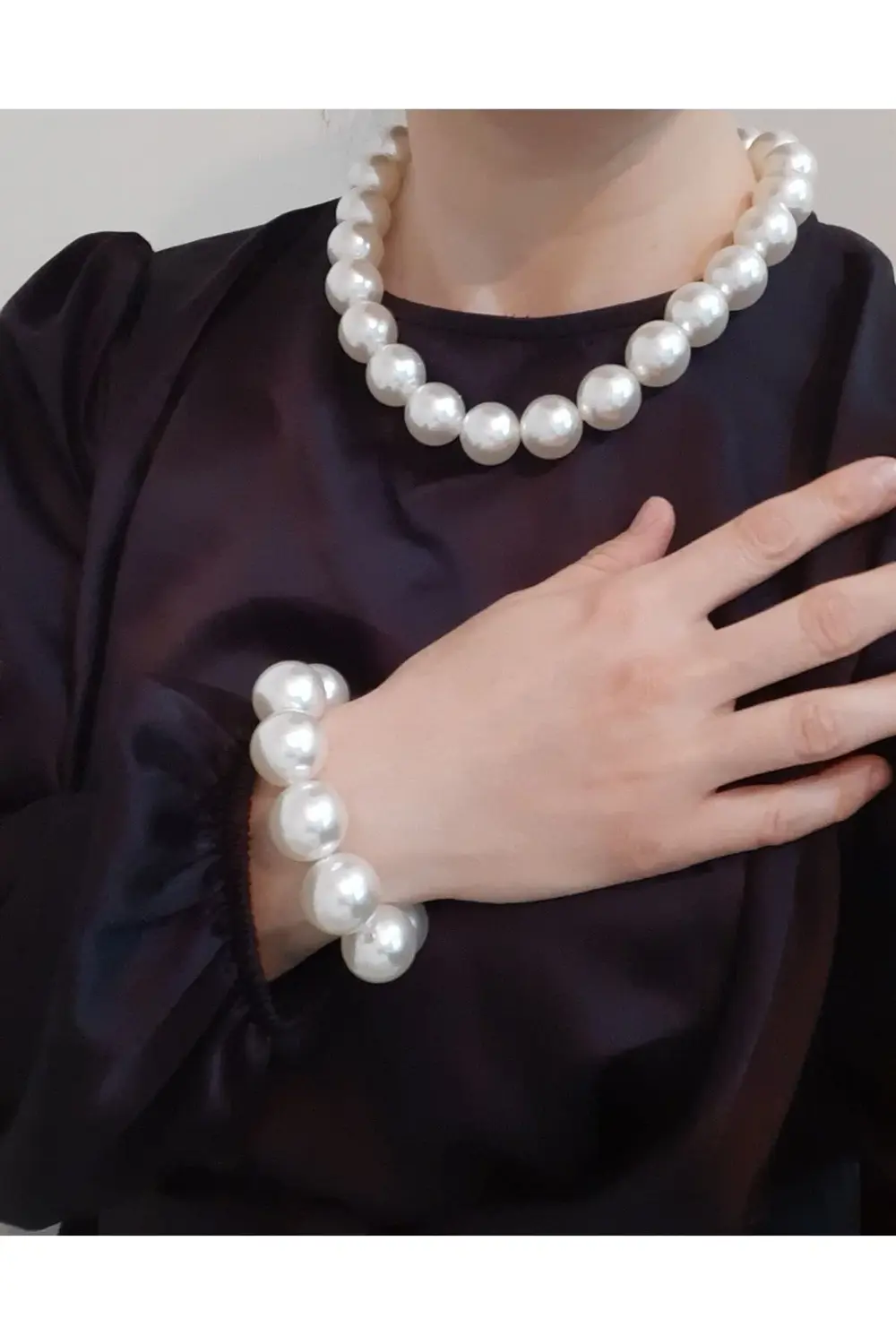 Smy Bag Buyuk Boy İnci Boncuk Kolye Bileklik Takim