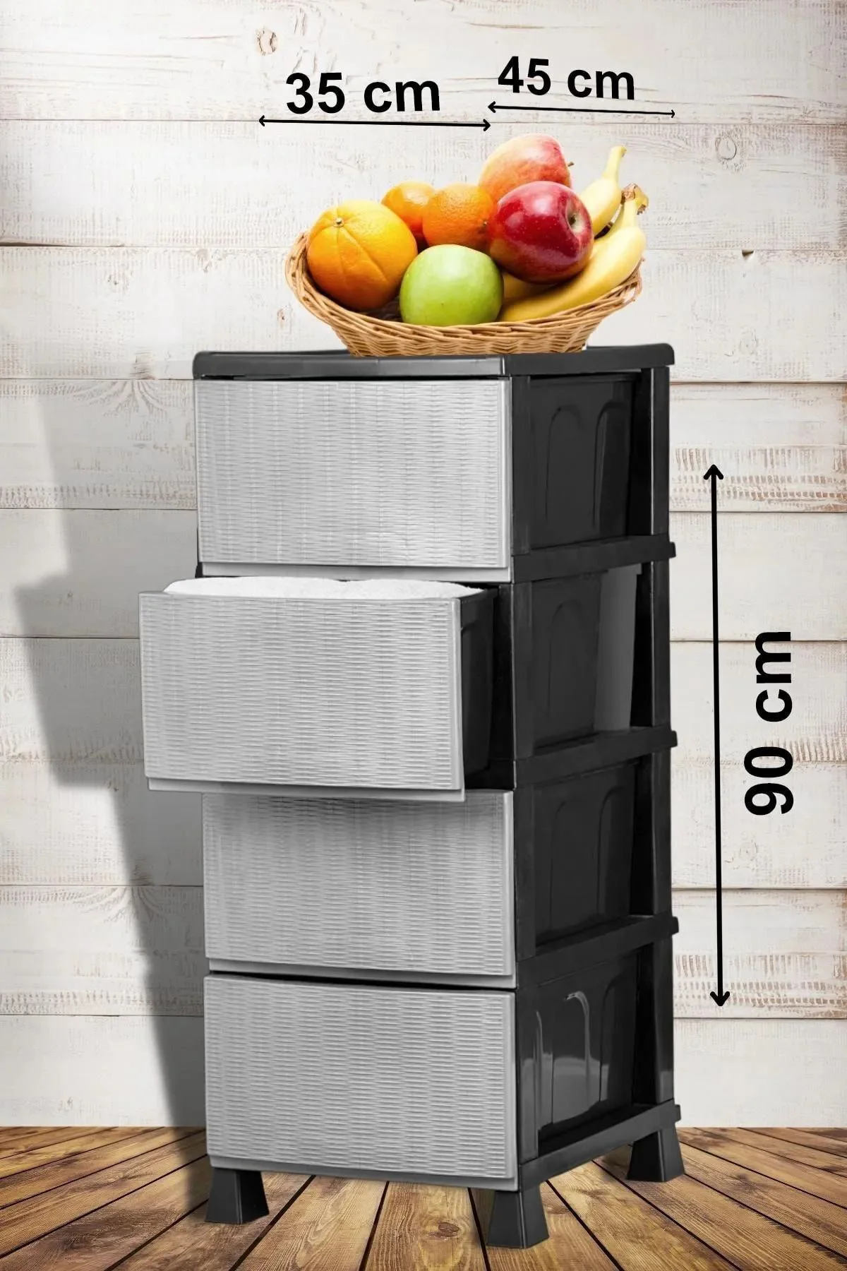 Büyük Boy Siyah 4 Çekmeceli Gri Hasır Kapaklı Plastik Komidin Seb