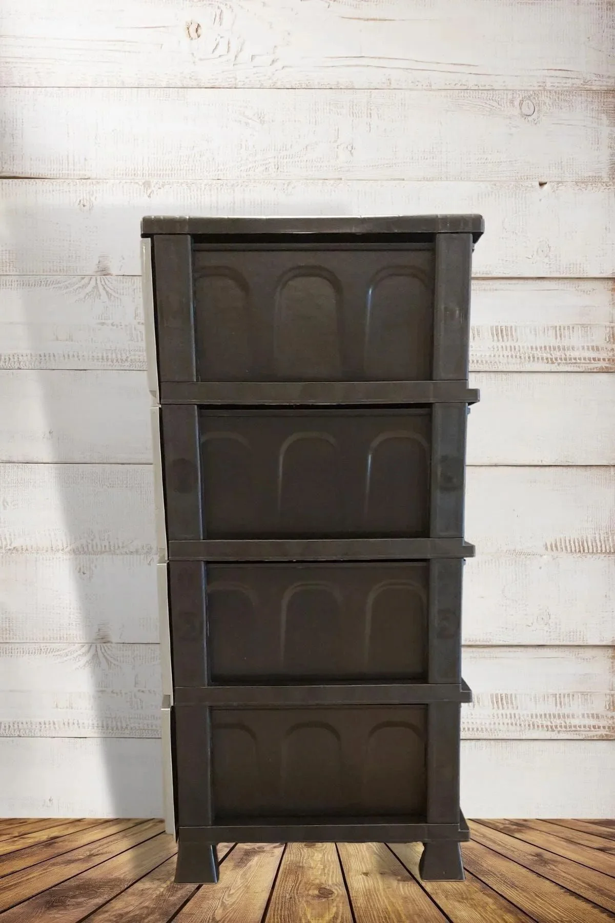 Büyük Boy Siyah 4 Çekmeceli Gri Hasır Kapaklı Plastik Komidin Seb