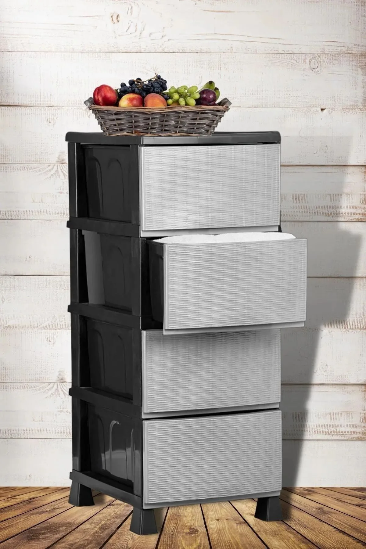 Büyük Boy Siyah 4 Çekmeceli Gri Hasır Kapaklı Plastik Komidin Seb