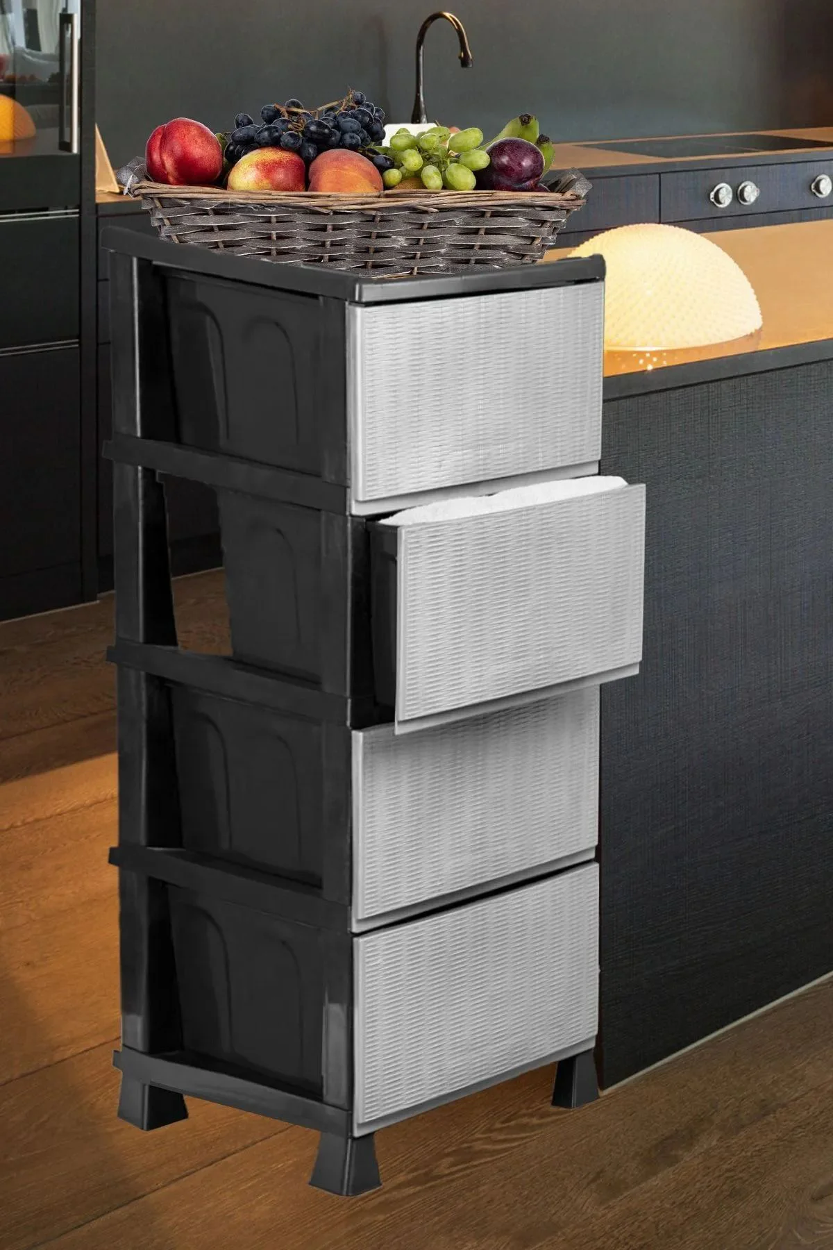 Büyük Boy Siyah 4 Çekmeceli Gri Hasır Kapaklı Plastik Komidin Seb