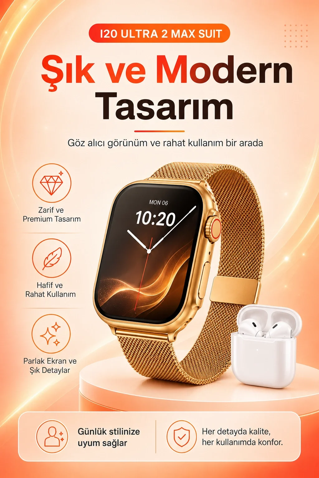 Büyük Ekranlı Akıllı Saat Kablosuz Kulaklık Ve Çoklu Aksesuar İçeren Set