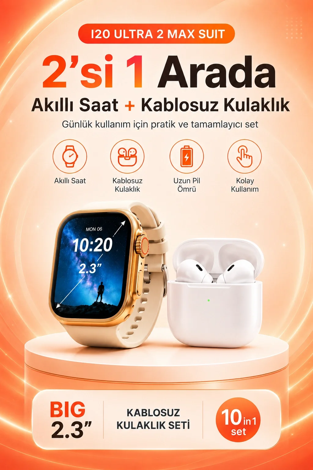 Büyük Ekranlı Akıllı Saat Kablosuz Kulaklık Ve Çoklu Aksesuar İçeren Set