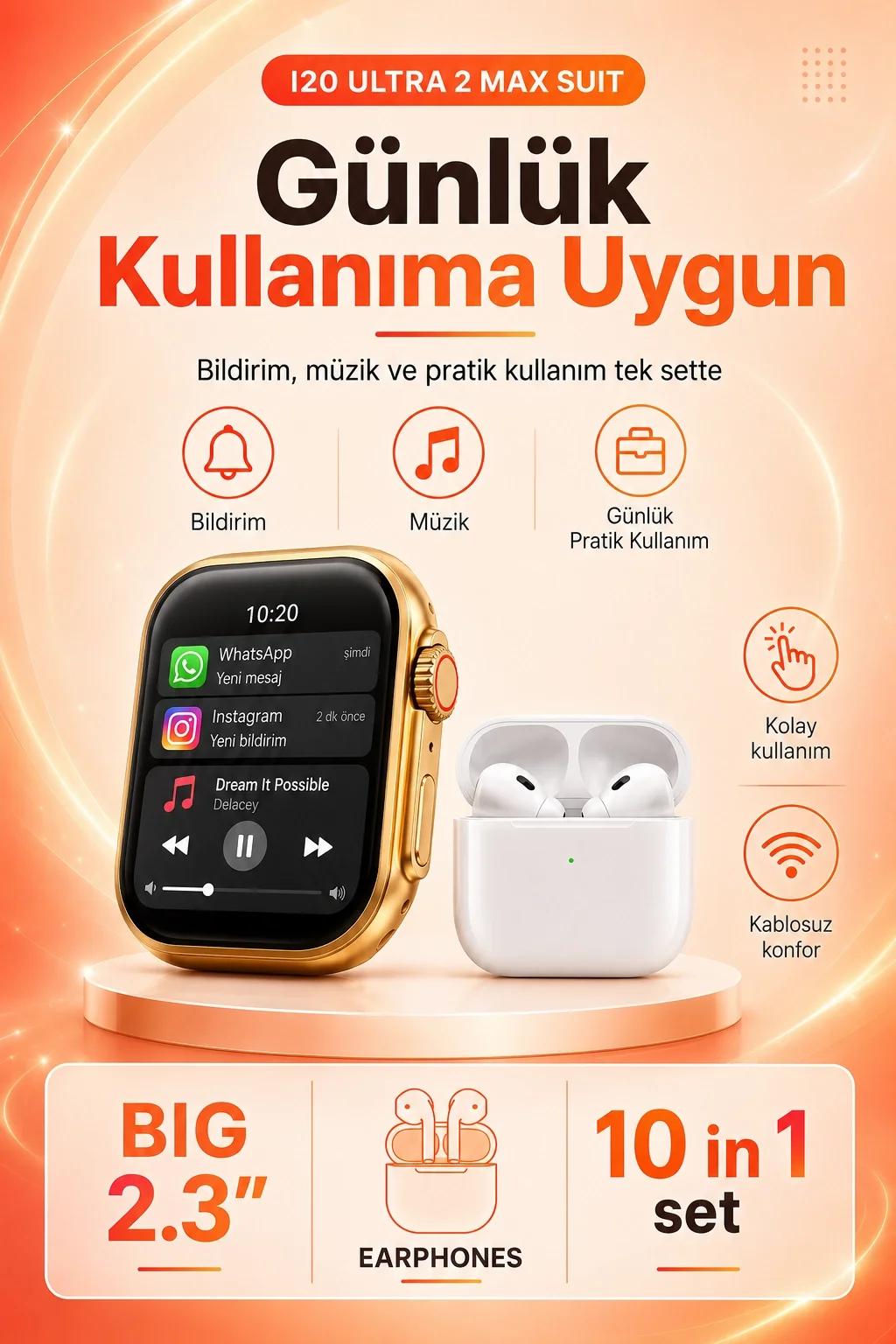Büyük Ekranlı Akıllı Saat Kablosuz Kulaklık Ve Çoklu Aksesuar İçeren Set