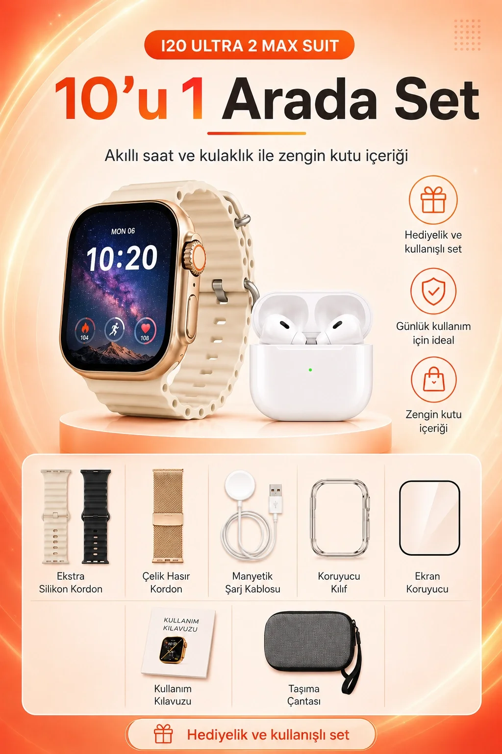 Büyük Ekranlı Akıllı Saat Kablosuz Kulaklık Ve Çoklu Aksesuar İçeren Set