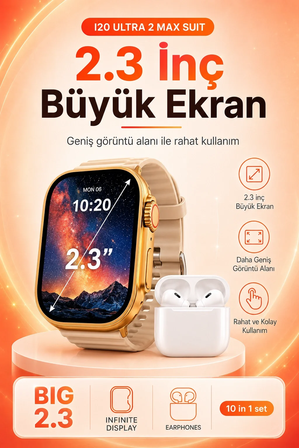 Büyük Ekranlı Akıllı Saat Kablosuz Kulaklık Ve Çoklu Aksesuar İçeren Set