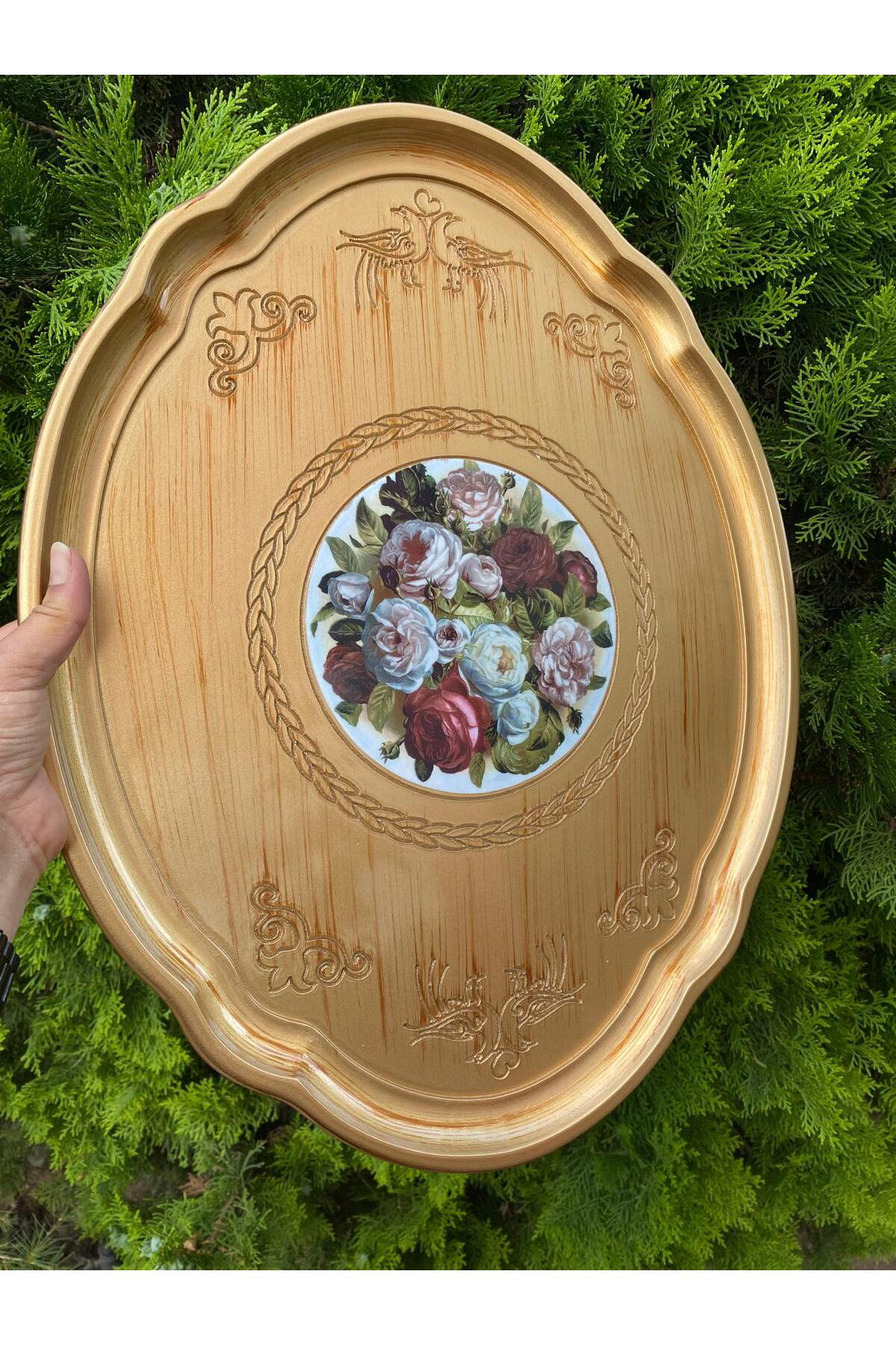 Elif Aksesuar Büyük Gül Oval Ağaç Tepsi (Gold)