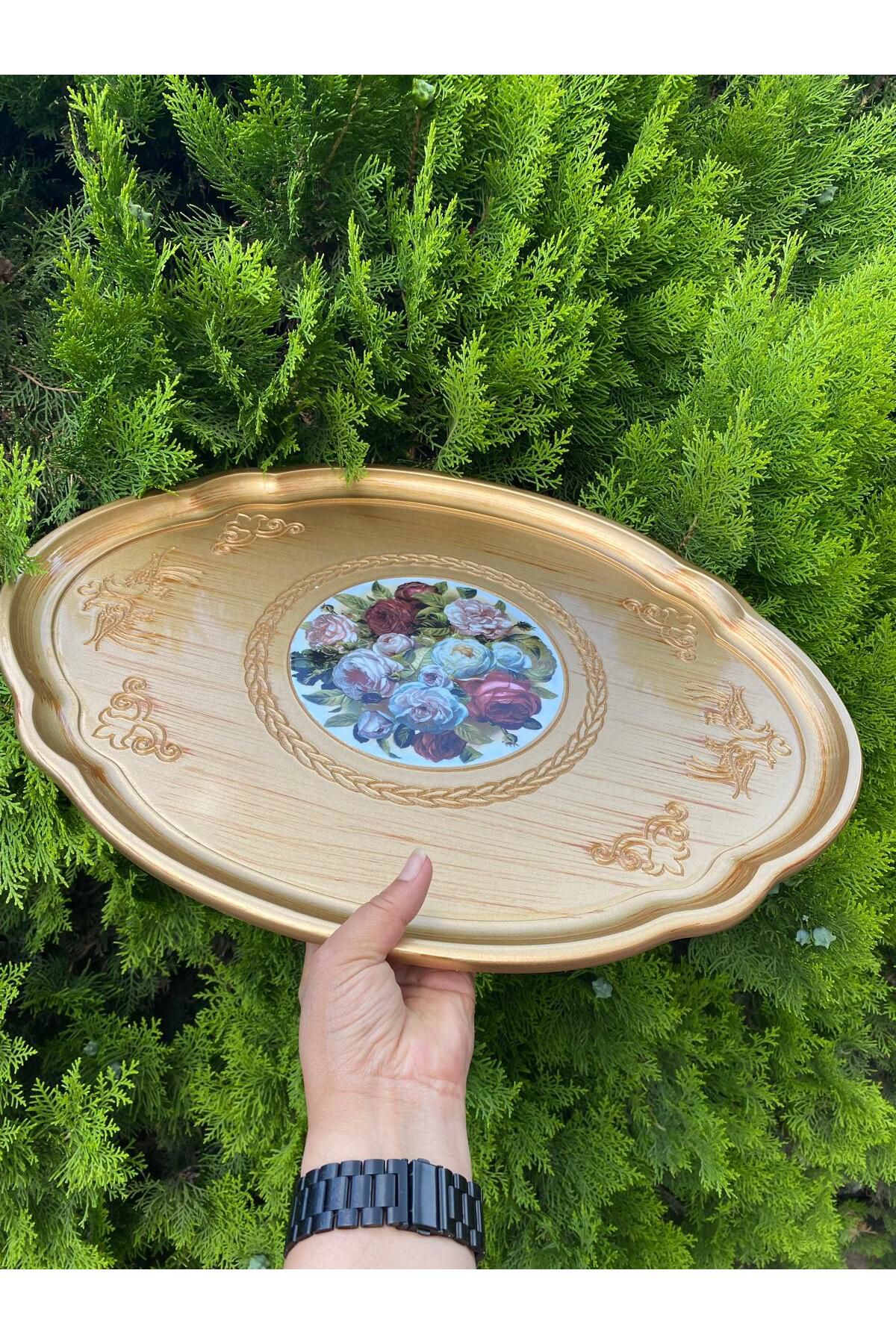 Elif Aksesuar Büyük Gül Oval Ağaç Tepsi (Gold)